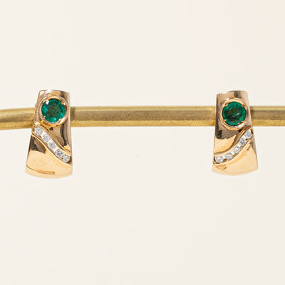 Emerald & Diamond Half Hoop Stud Earrings | 0.50ctw, 0.16ctw |