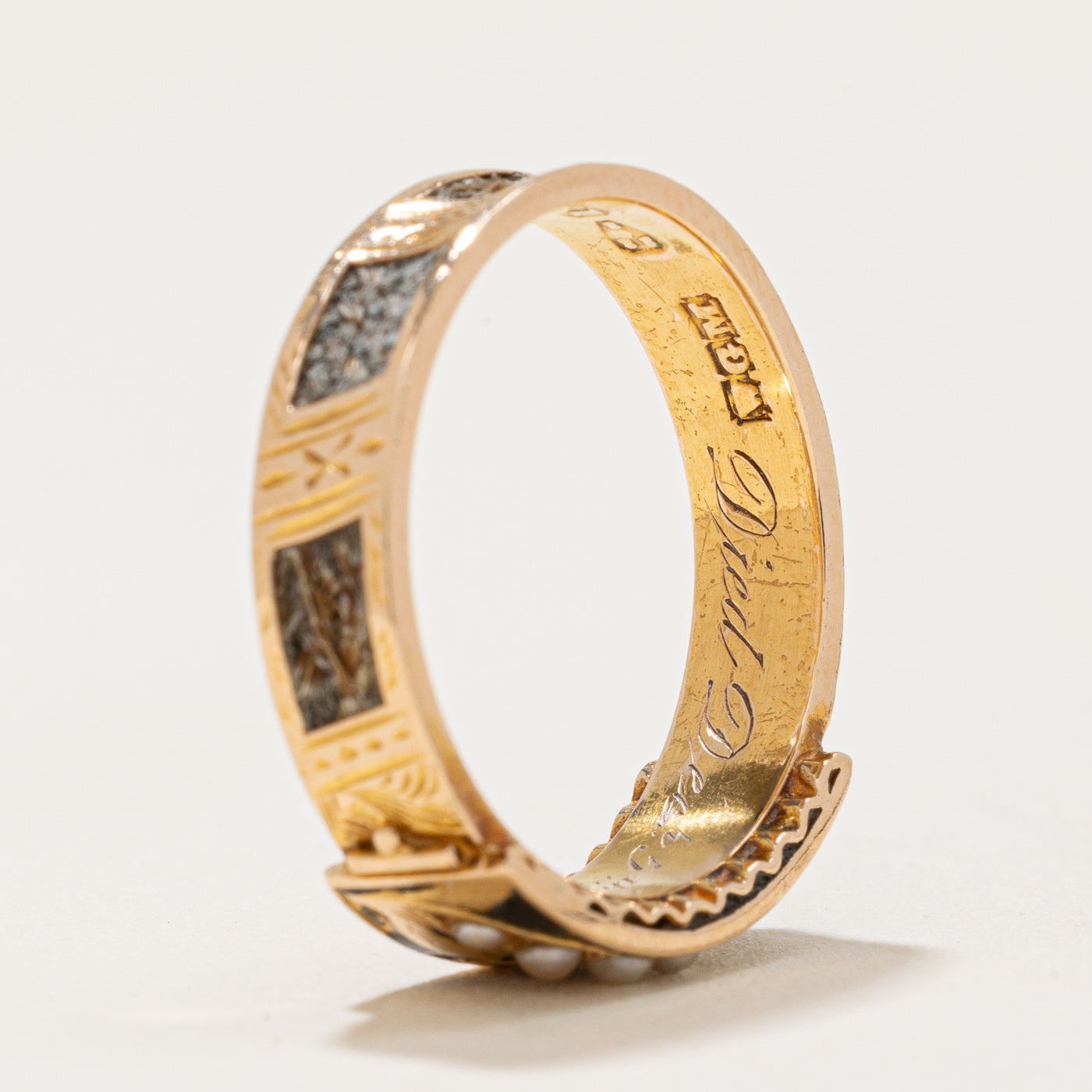 1876 Diamond & Seed Pearl Mourning Ring with Plaited Hair| 0.03ctw | SZ 6.75 |
