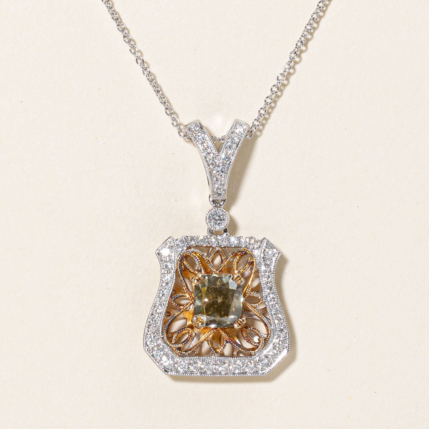 Greenish Brown & White Diamond Pendant Necklace | 1.20ct, 0.38ctw | 18" |