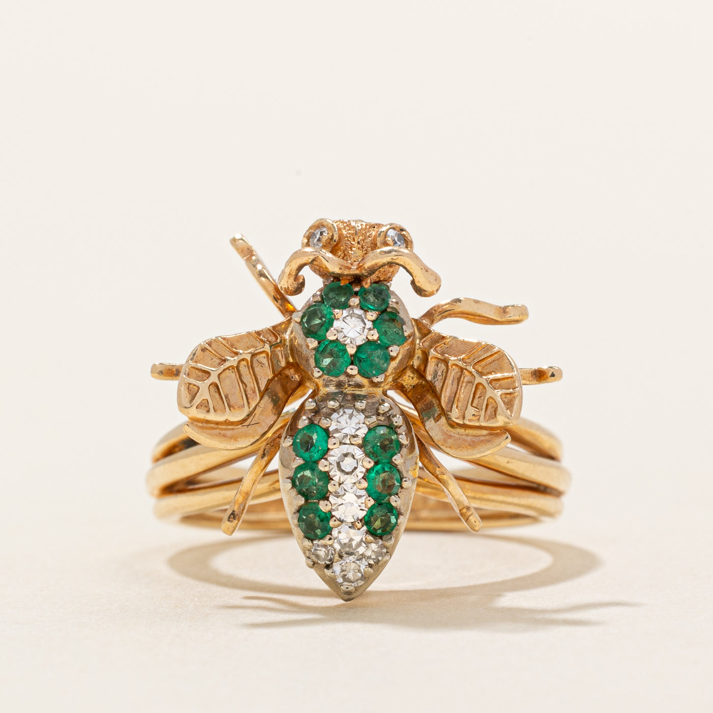 Emerald & Diamond Bumble Bee Ring | 0.17ctw, 0.14ctw | SZ 5.5 |