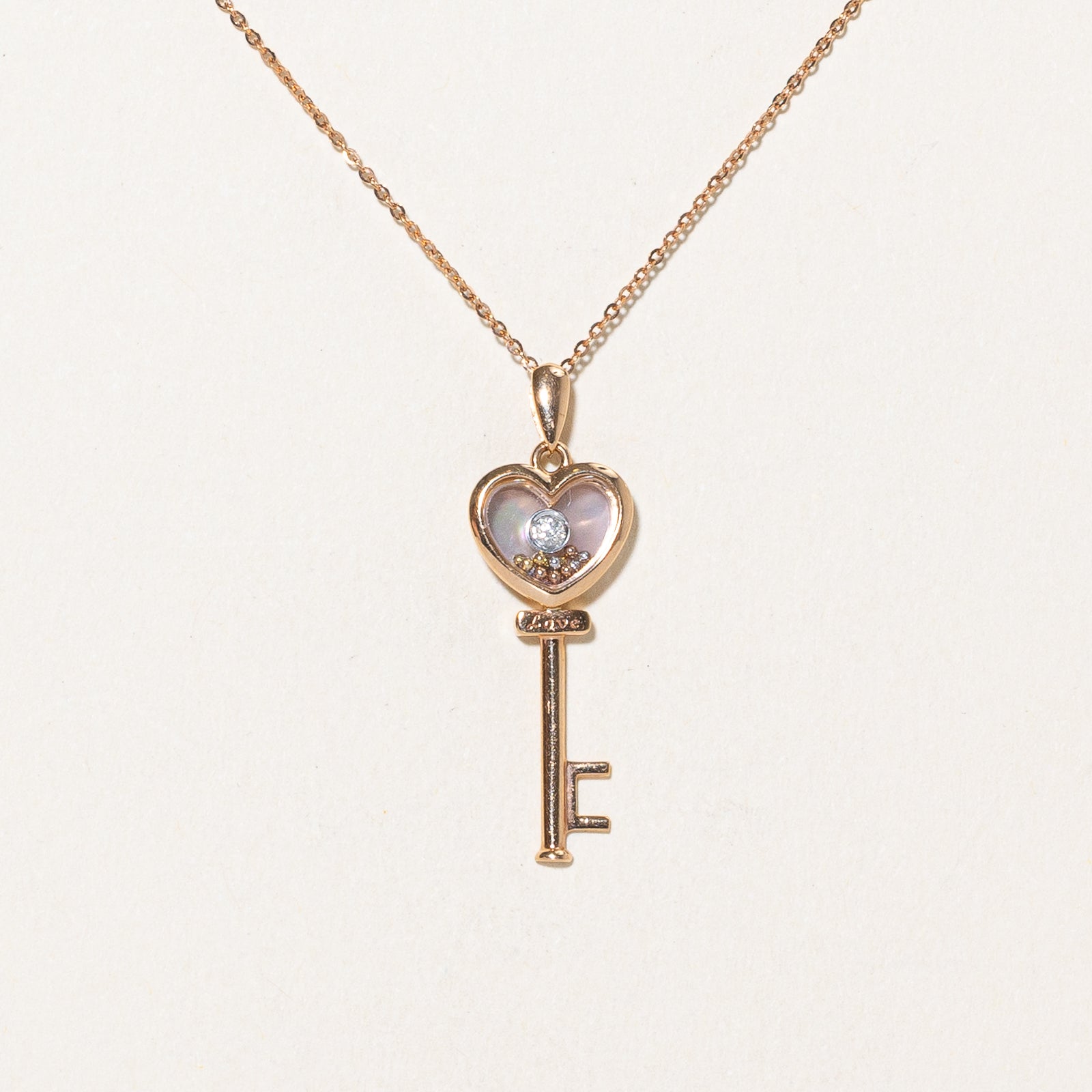 Mother of Peal & Diamond Key Pendant Necklace | 0.10ct, 0.01ct | 18"
