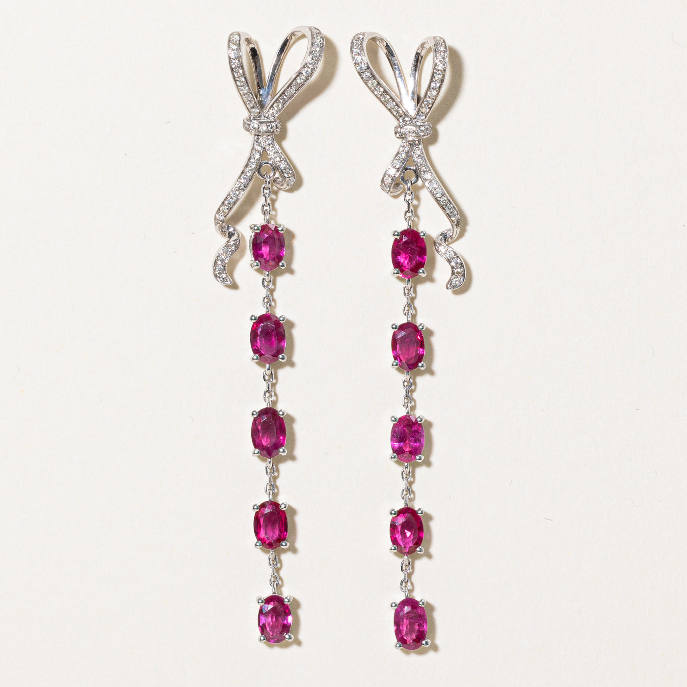 Ruby & Diamond Bow Drop Earrings | 3.13ctw, 0.18ctw