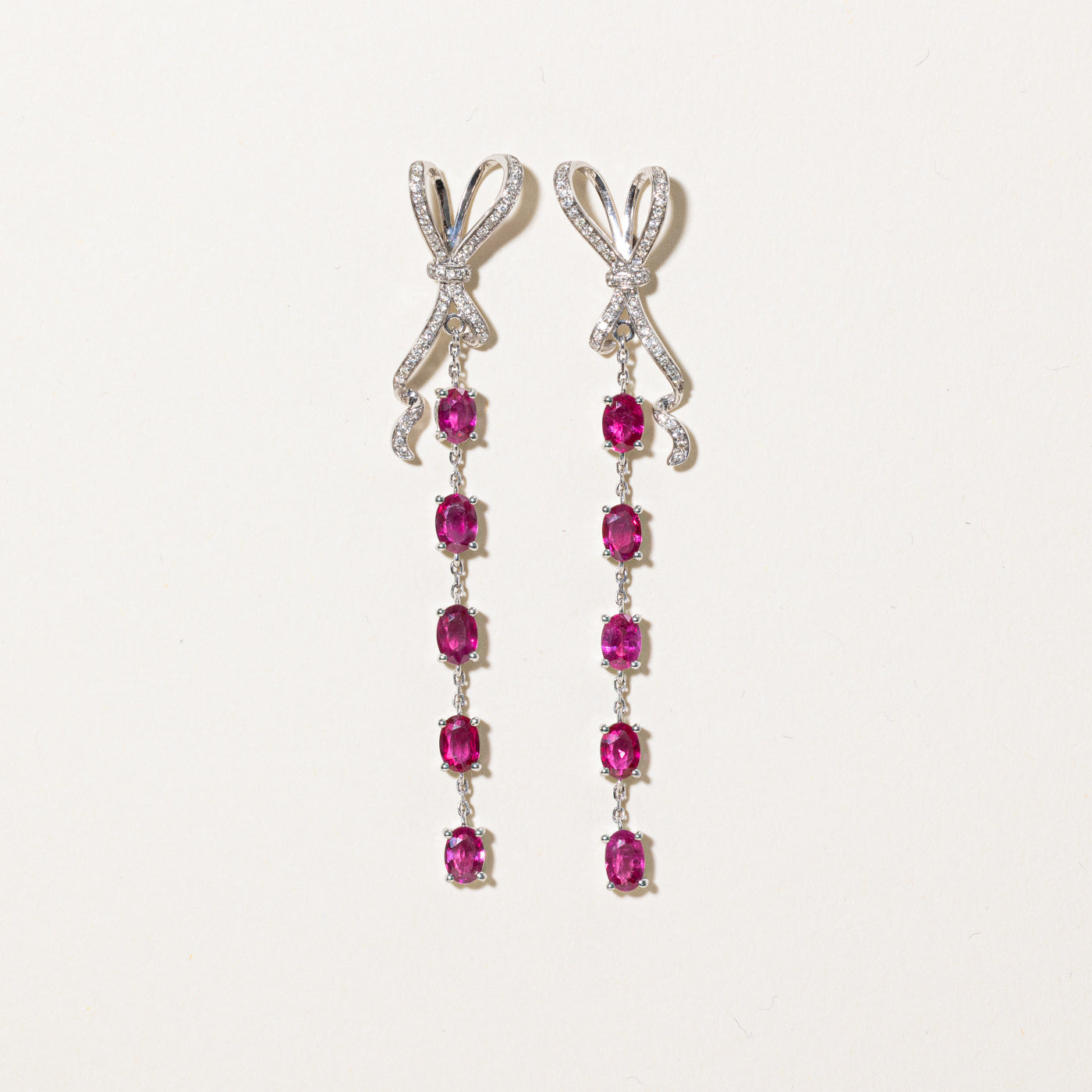 Ruby & Diamond Bow Drop Earrings | 3.13ctw, 0.18ctw