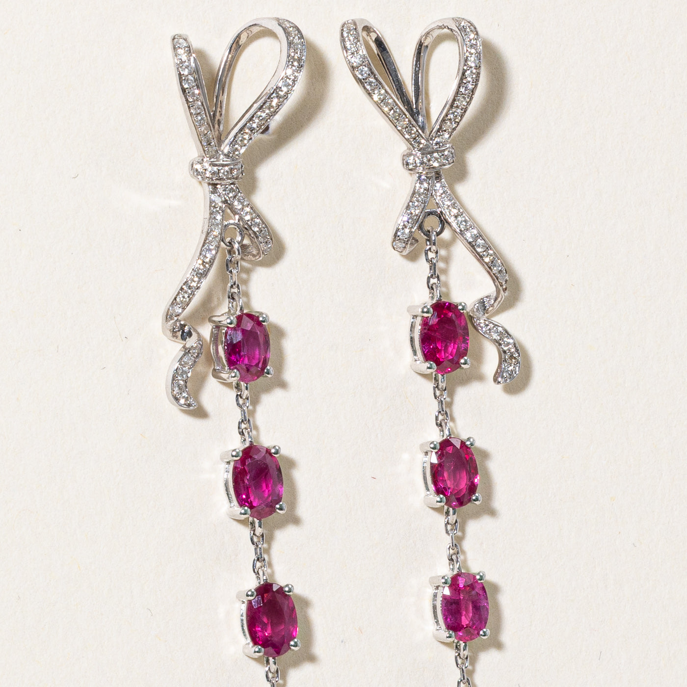 Ruby & Diamond Bow Drop Earrings | 3.13ctw, 0.18ctw