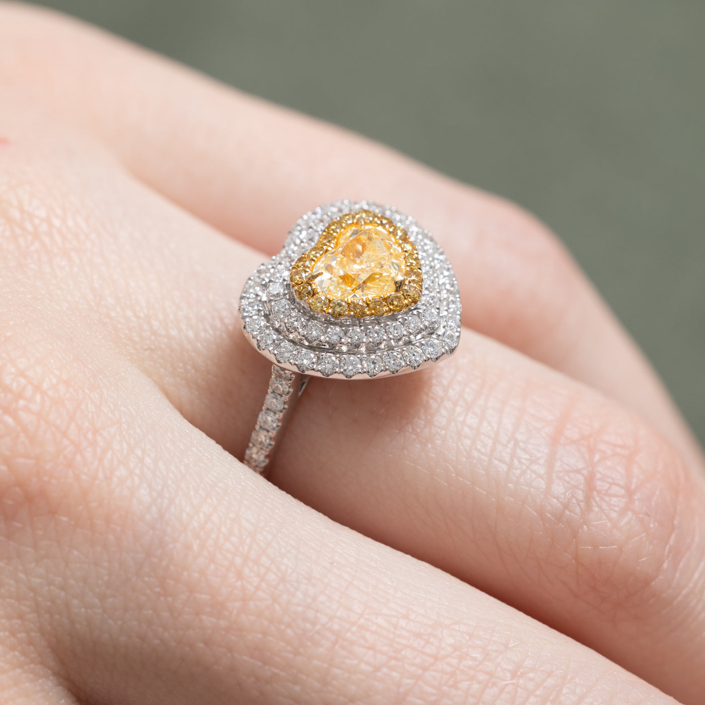 Yellow & White Diamond Heart Halo Ring | 1.15ctw, 0.57ctw | SZ 6