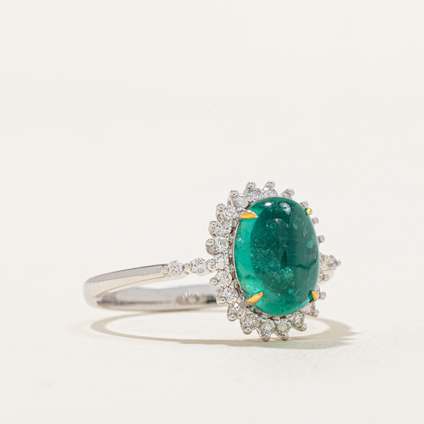 Cabochon Emerald & Diamond Halo Ring | 3.20ct, 0.26ctw | SZ 8