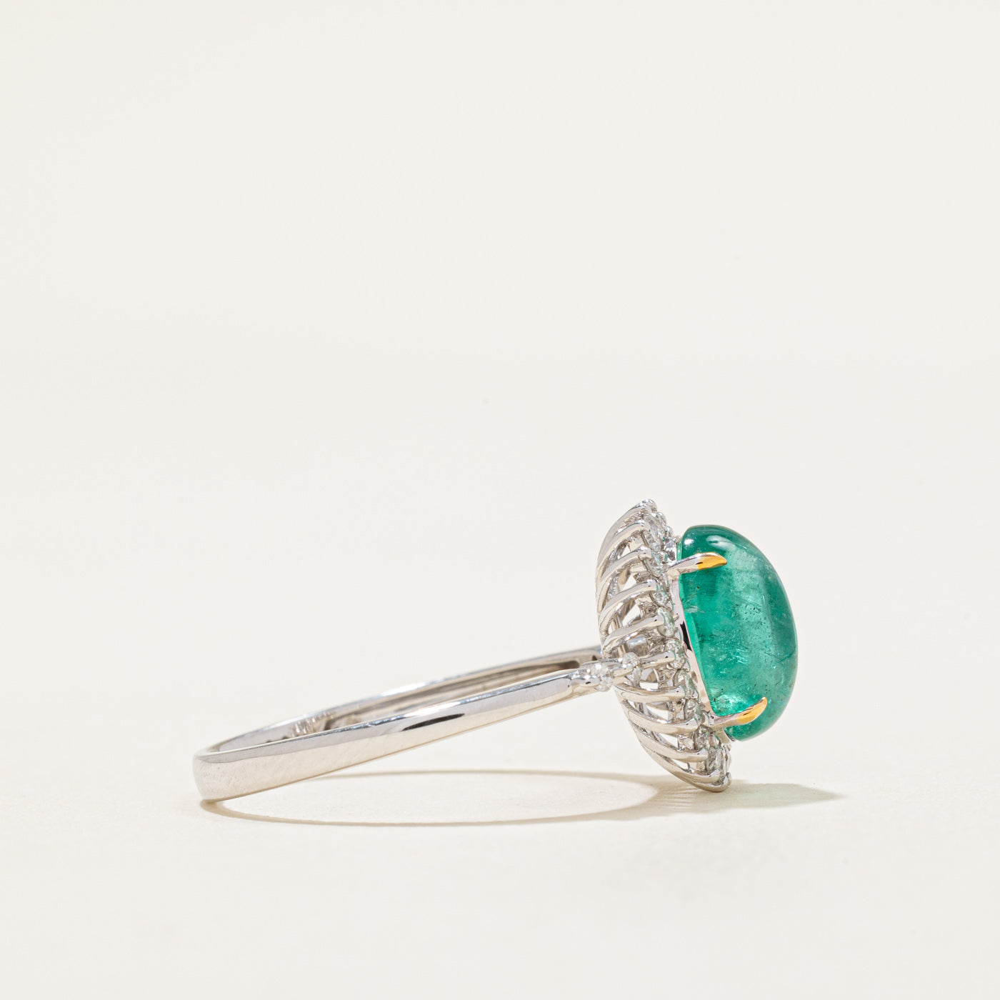 Cabochon Emerald & Diamond Halo Ring | 3.20ct, 0.26ctw | SZ 8