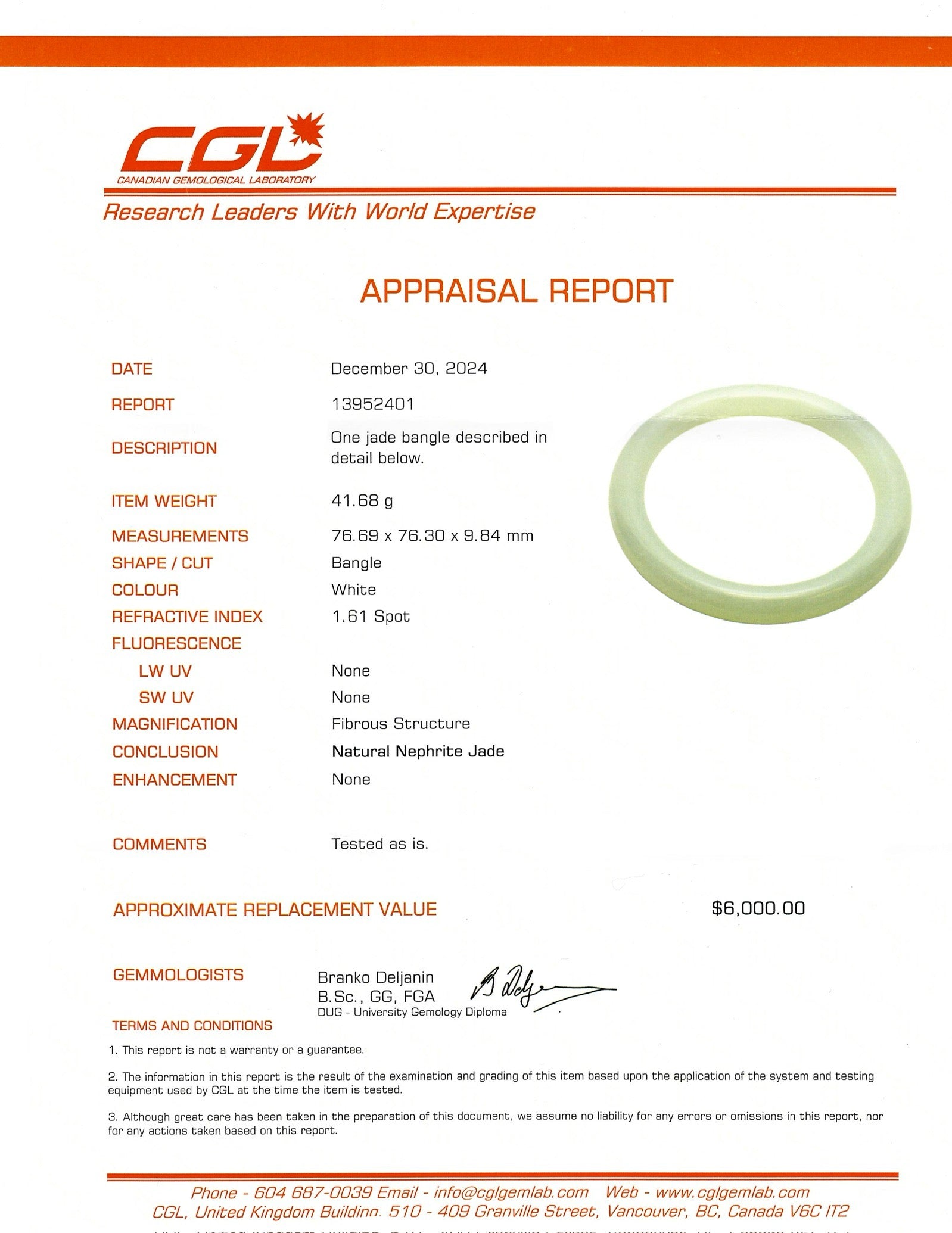 White Nephrite Jade Bangle | 41.68g | 6"