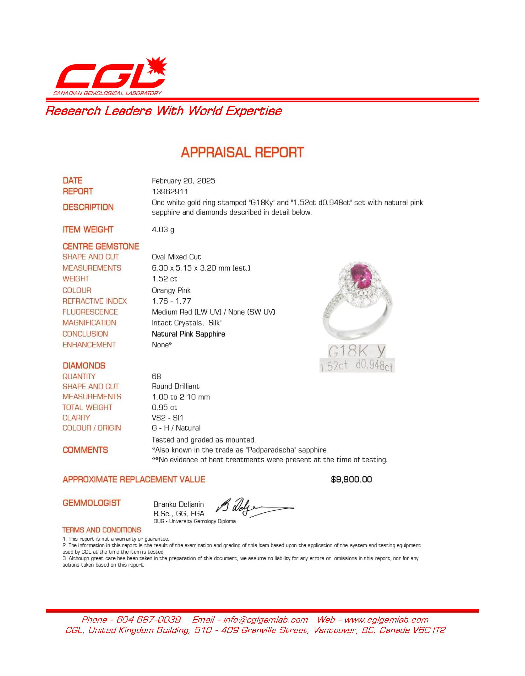 Unheated Padparadscha Sapphire & Diamond Engagement Ring | 1.52ct, 0.948ctw | SZ 6