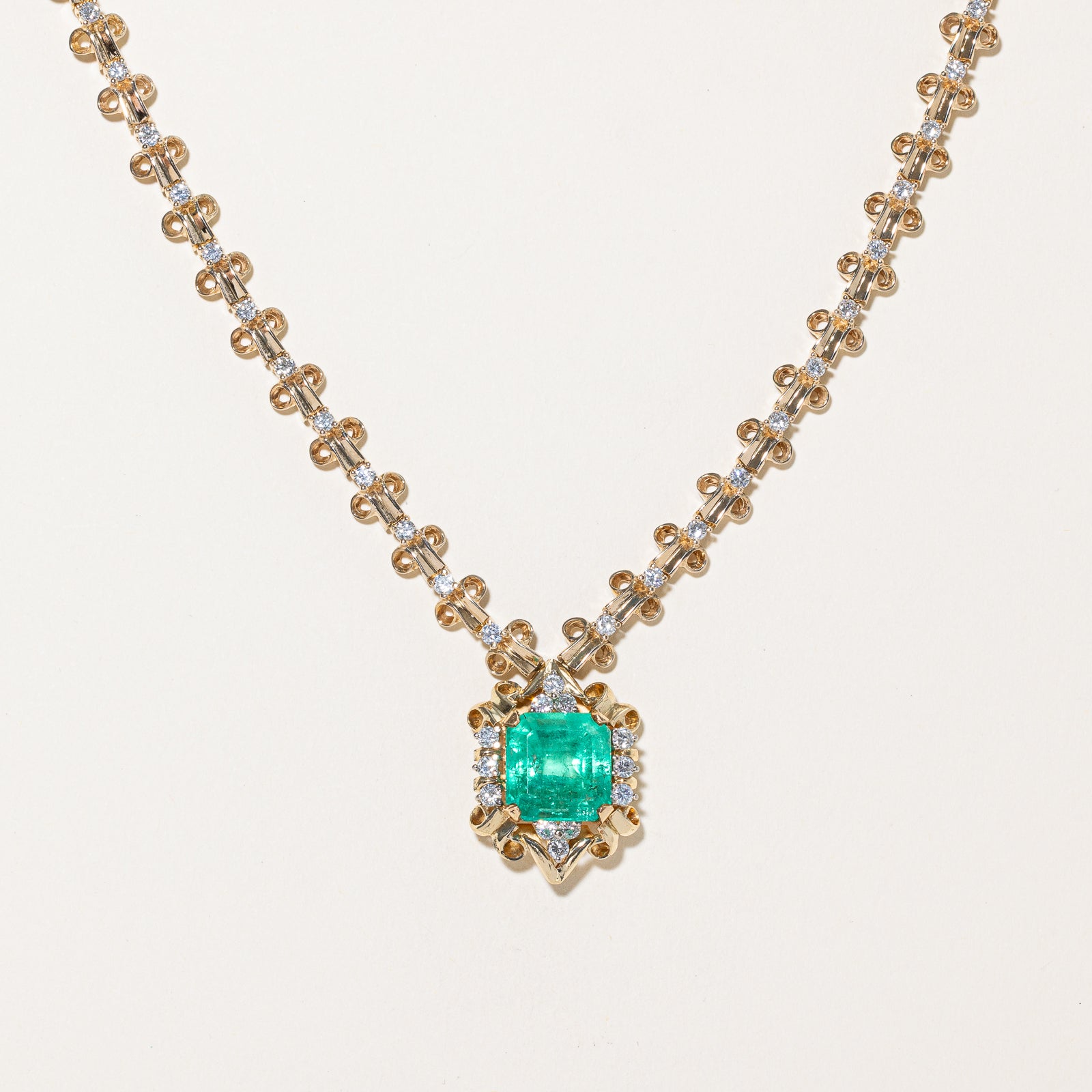 Colombian Emerald & Diamond Fixed Pendant Necklace | 8.48ct, 3.55ctw | 17"
