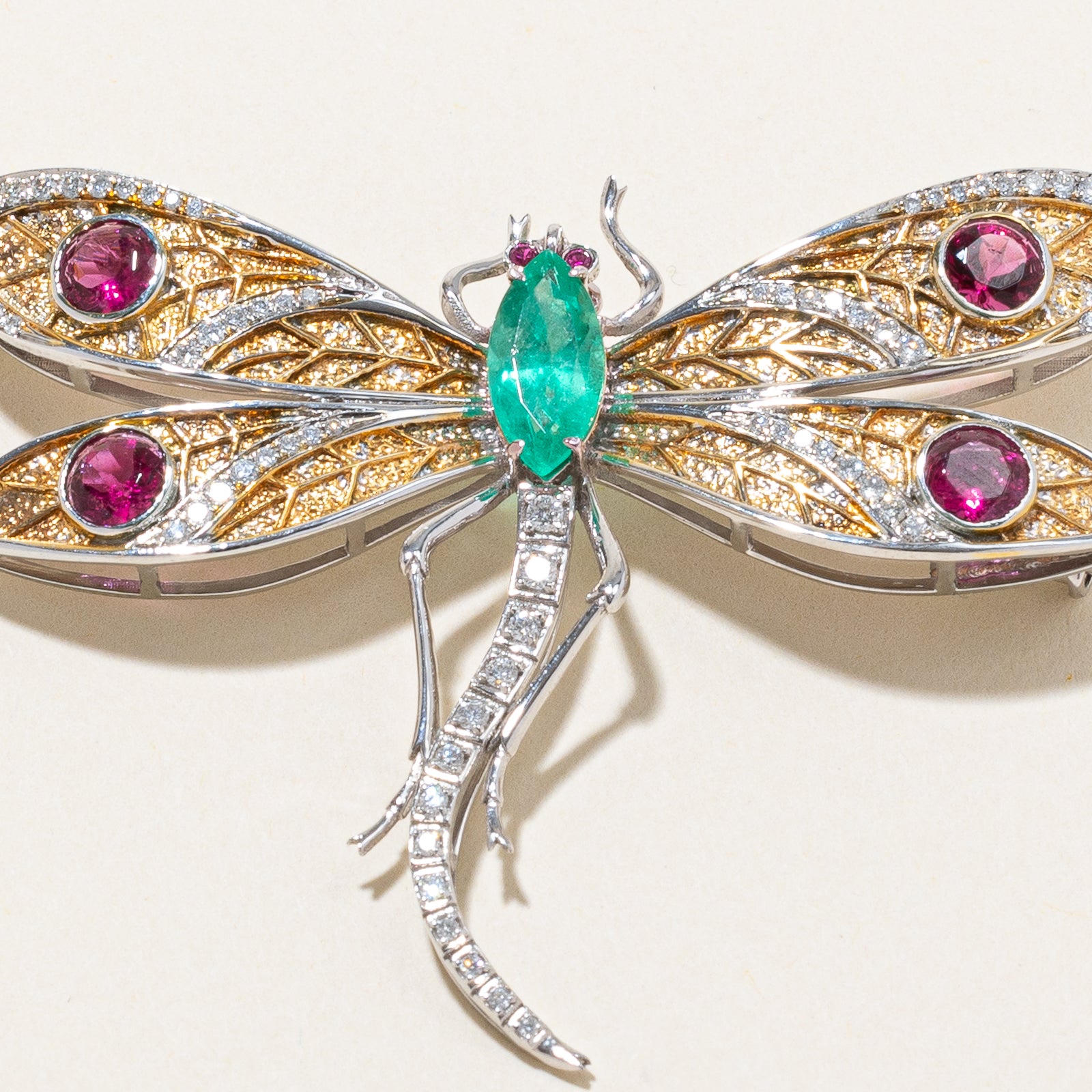 18k Multi Gemstone Dragonfly Brooch | E 1.25ct | T 1.60ctw | R 0.04ctw | D 0.50ctw