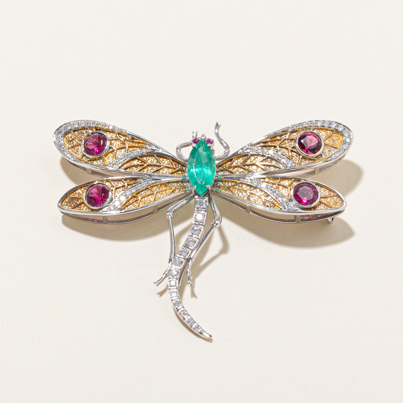 18k Multi Gemstone Dragonfly Brooch | E 1.25ct | T 1.60ctw | R 0.04ctw | D 0.50ctw
