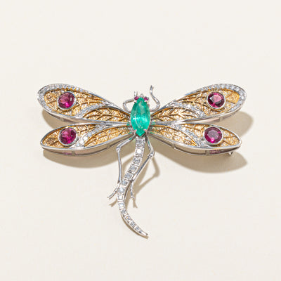 18k Multi Gemstone Dragonfly Brooch | E 1.25ct | T 1.60ctw | R 0.04ctw | D 0.50ctw