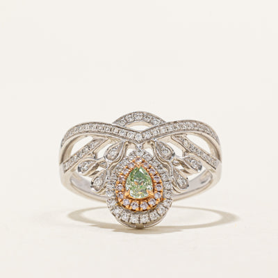 Natural Fancy Yellowish Green & Pink Diamond Chevron Ring | 0.18ct | 0.45ctw | 0.243ctw | SZ 6