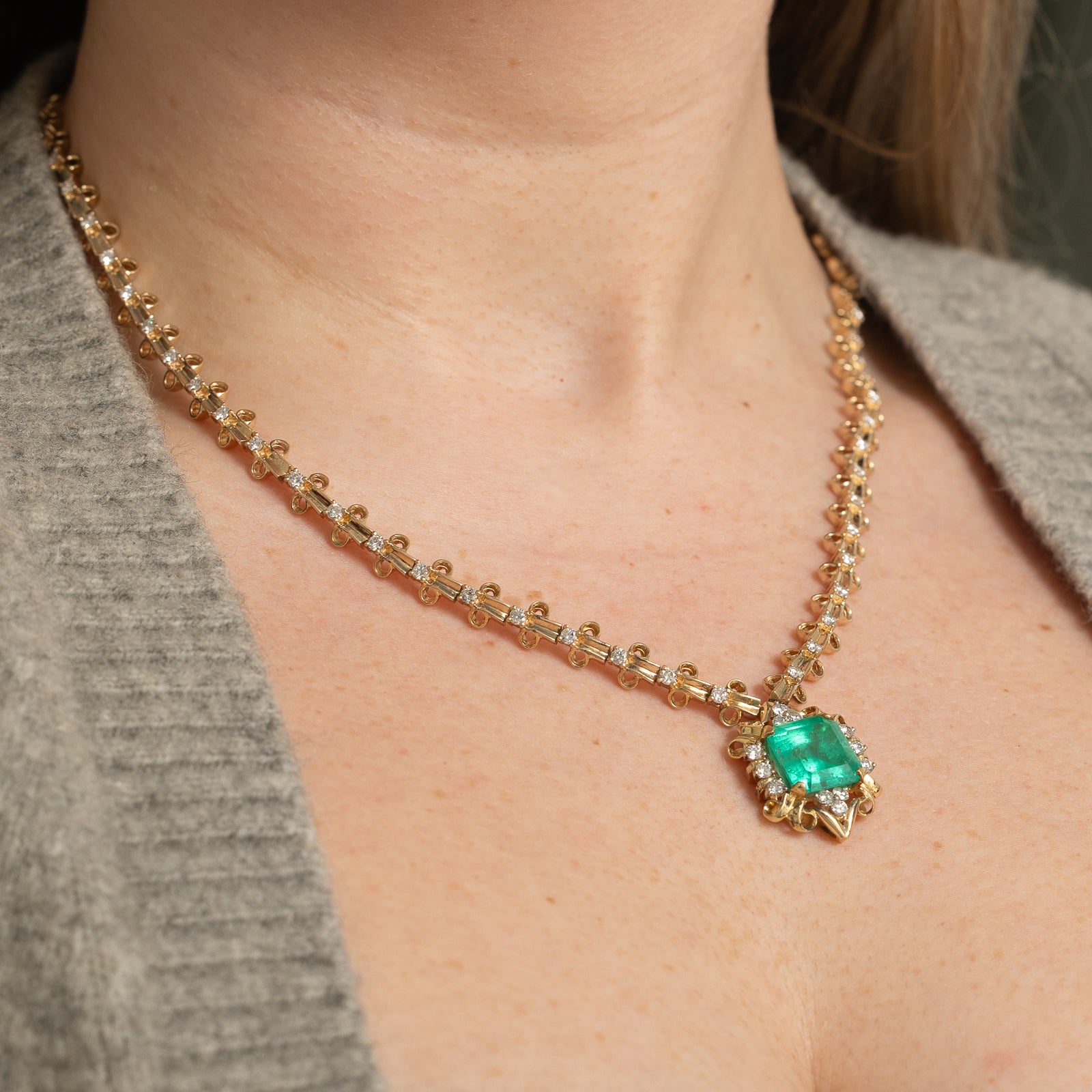 Colombian Emerald & Diamond Fixed Pendant Necklace | 8.48ct, 3.55ctw | 17"