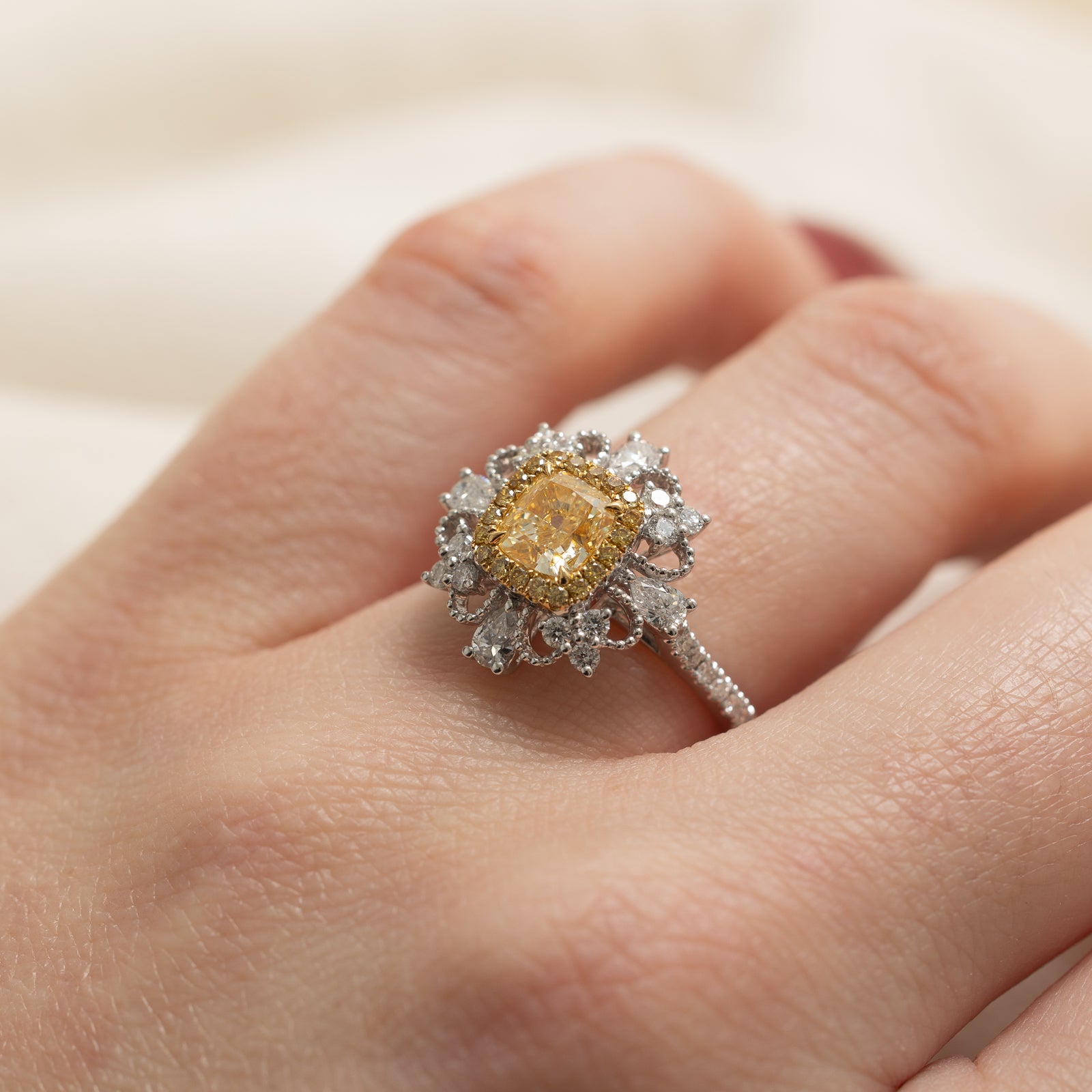 Fancy Light Yellow Diamond Engagement Ring | 1.03ct | 0.12ctw | 0.56ctw | SZ 6.25