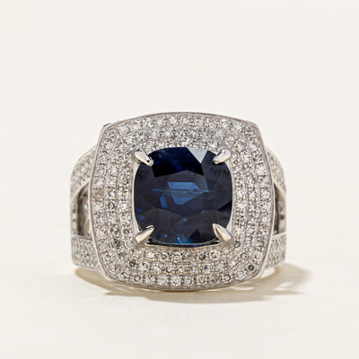 4ct+ GRS Unheated Royal Blue Ceylon Sapphire & Diamond Triple Halo Ring | GRS 4.10ct | 0.60ctw | SZ 6.5