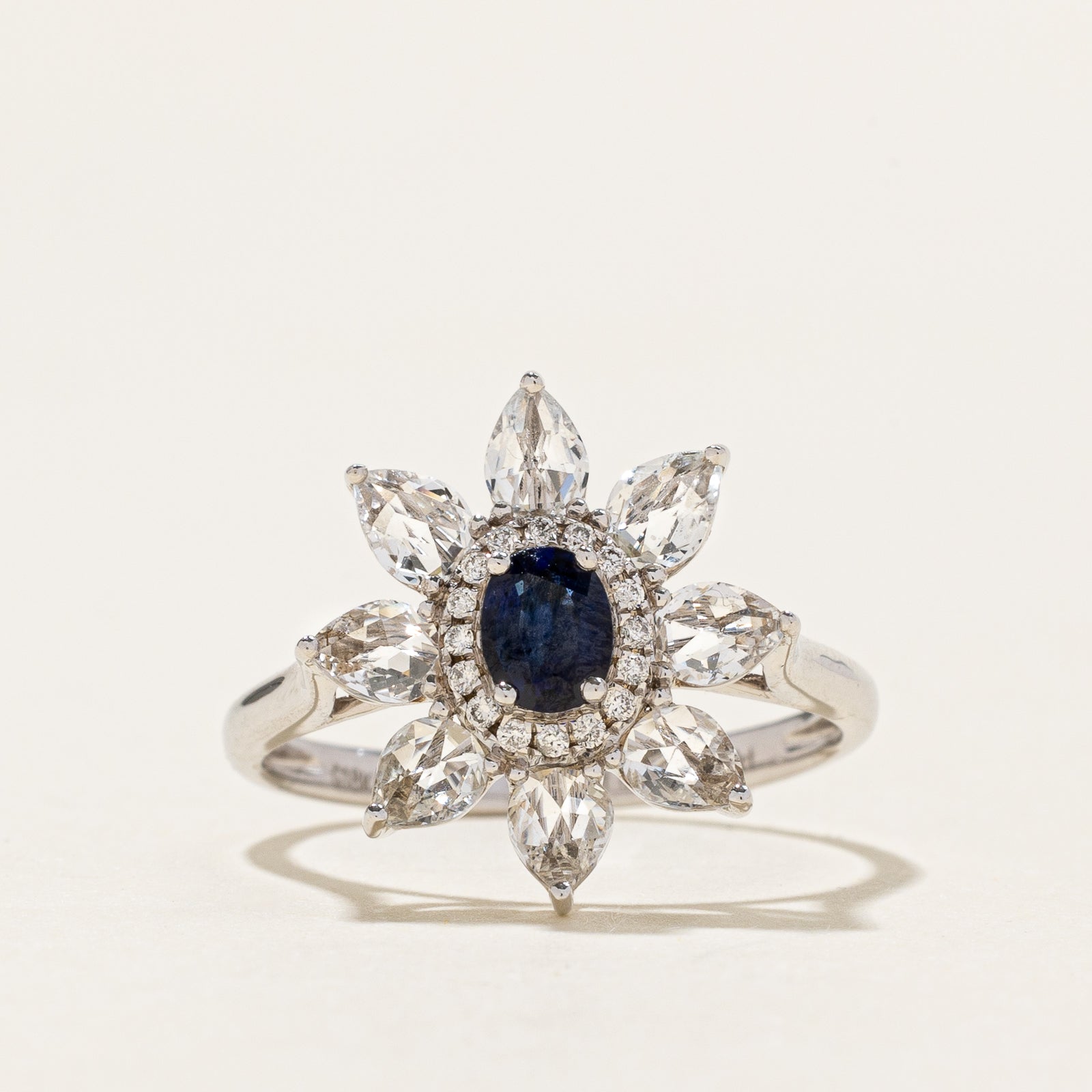 Sapphire, Colourless Topaz & Diamond Ring | 1.774ctw, 0.069ctw | SZ 7