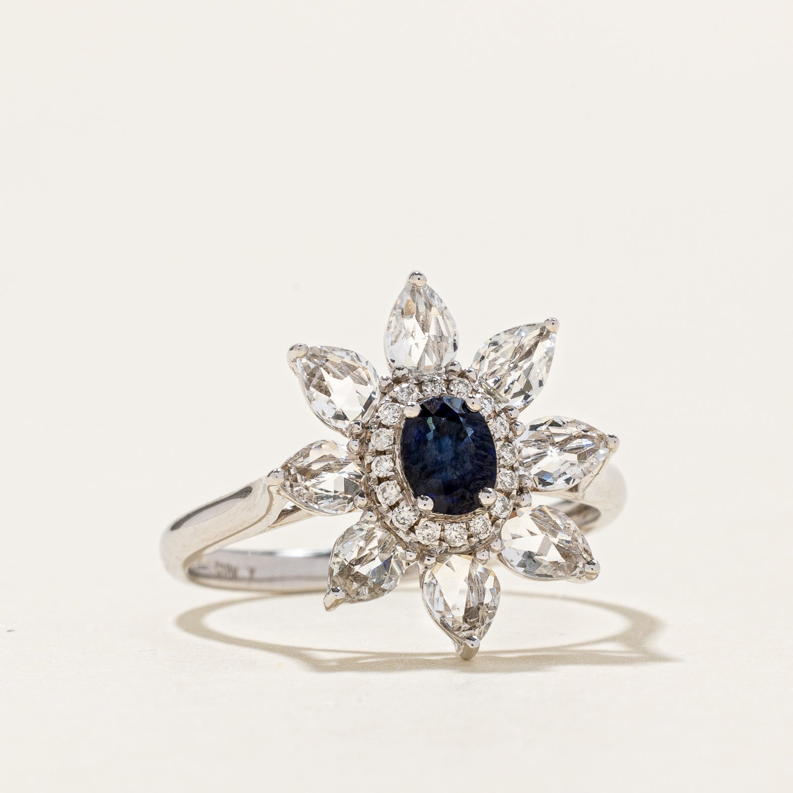 Sapphire, Colourless Topaz & Diamond Ring | 1.774ctw, 0.069ctw | SZ 7