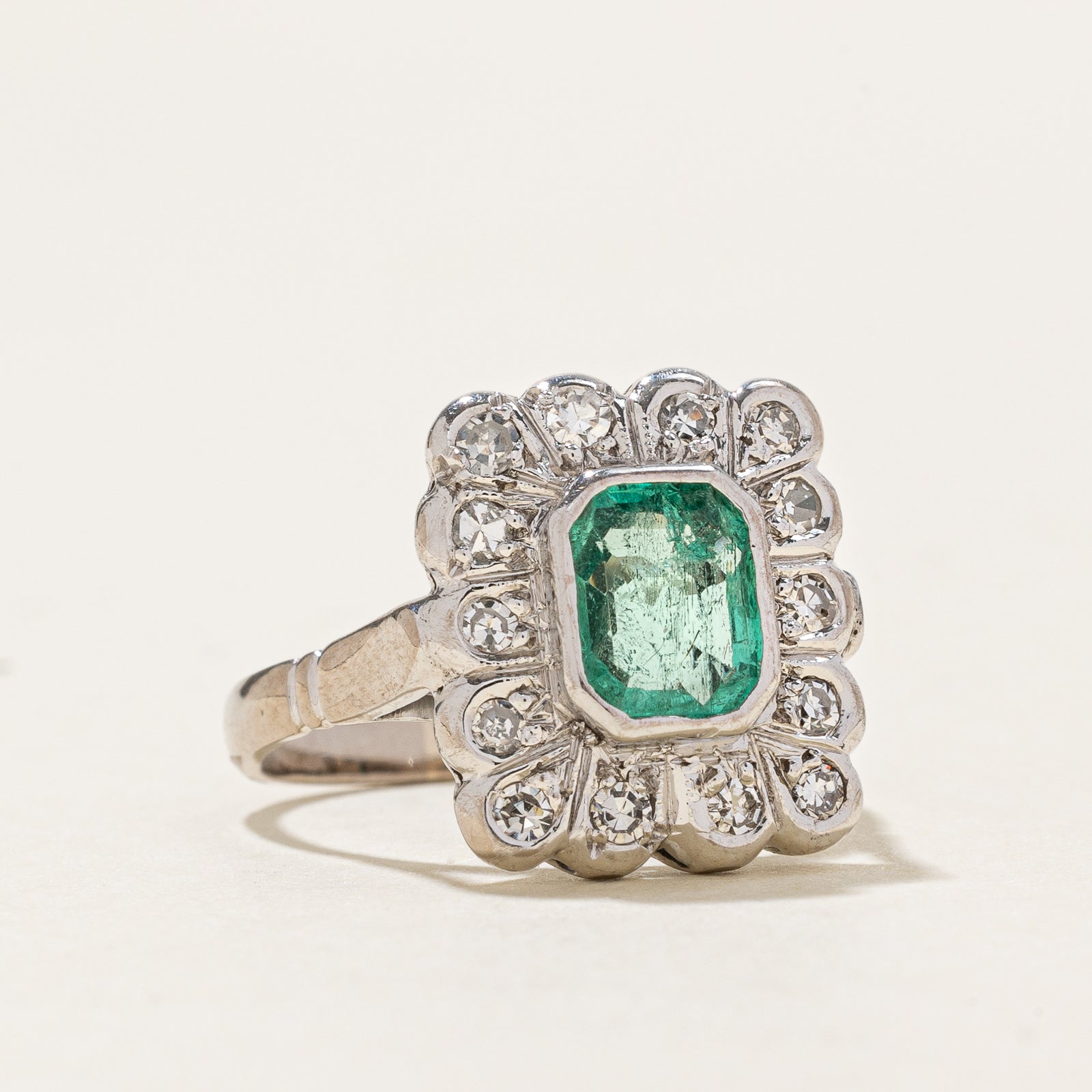 Bezel Set Emerald & Diamond Halo Ring | 1.00ct, 0.20ctw | SZ 6.25
