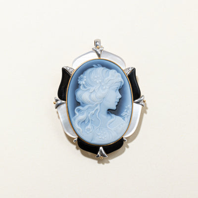 Agate, Mother of Pearl & Diamond Cameo Pendant & Brooch | 34.00ct, 0.04ctw