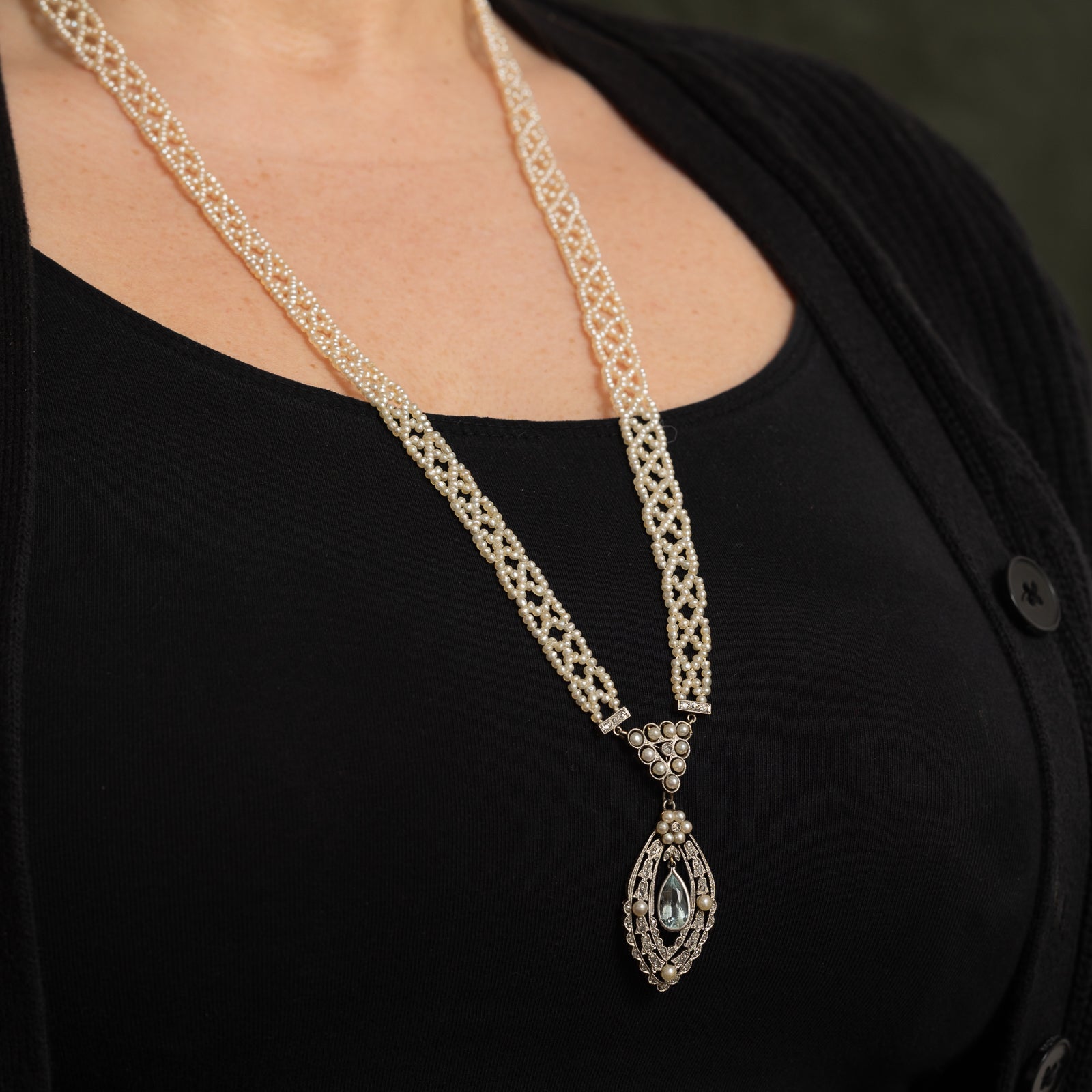 Vintage Aquamarine, Diamond & Pearl Strand Necklace | 1.60ctw, 0.06ctw | 31"