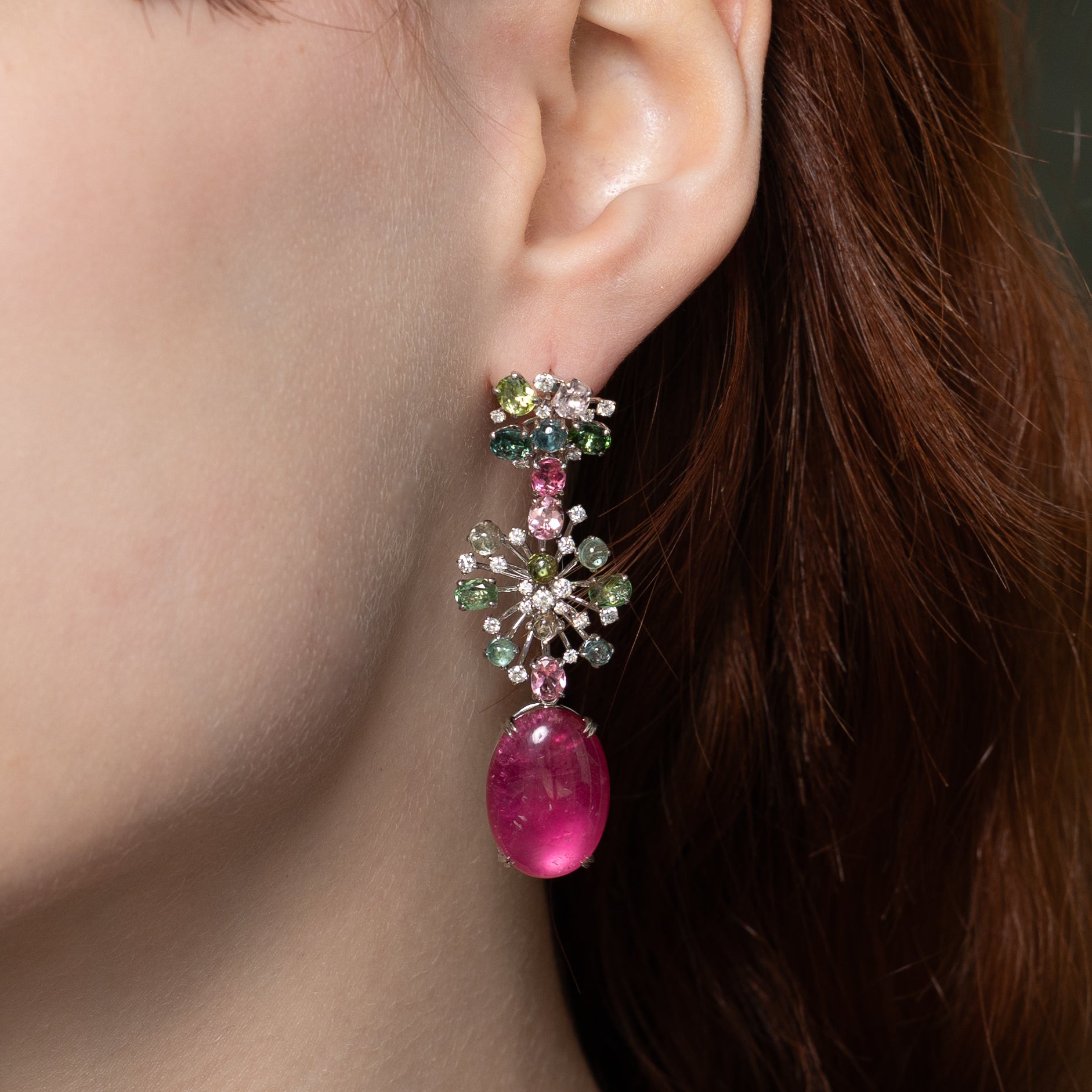 18k Multicolour Tourmaline & Diamond Convertible Pendant/Drop Earrings | 25.60ctw, 0.70ctw