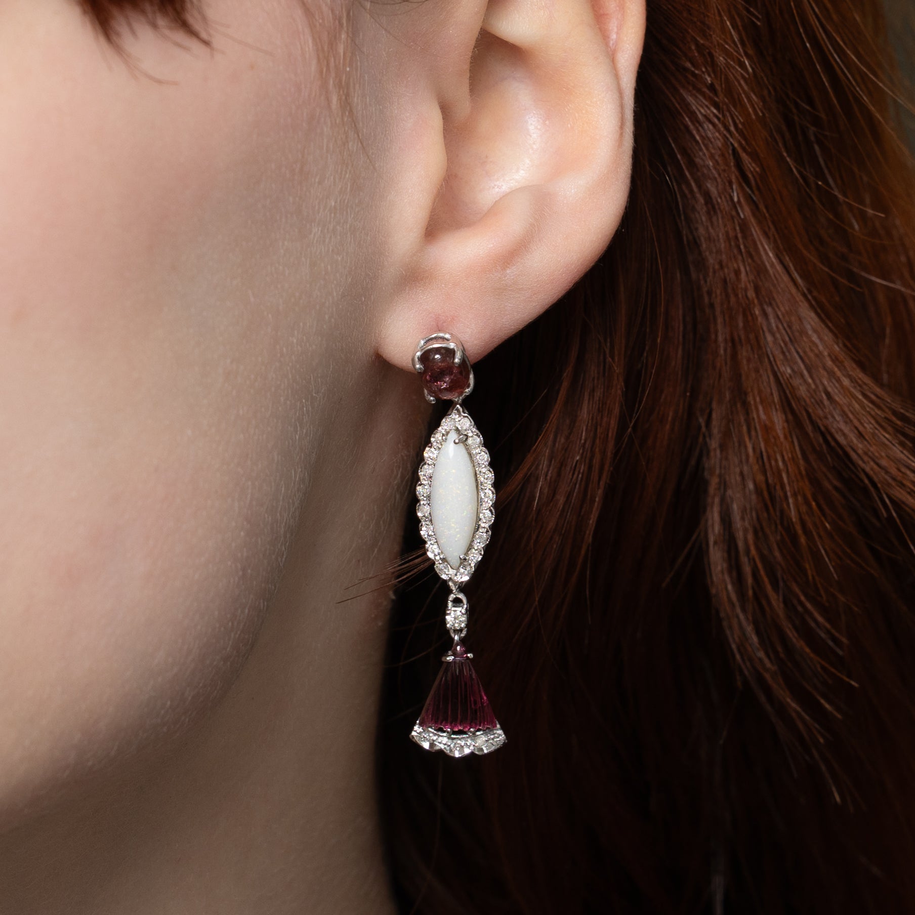 Pink Tourmaline, Opal & Diamond Drop Earrings & Pendant Set | 3.90ctw, 8.40ctw | 0.35ctw |