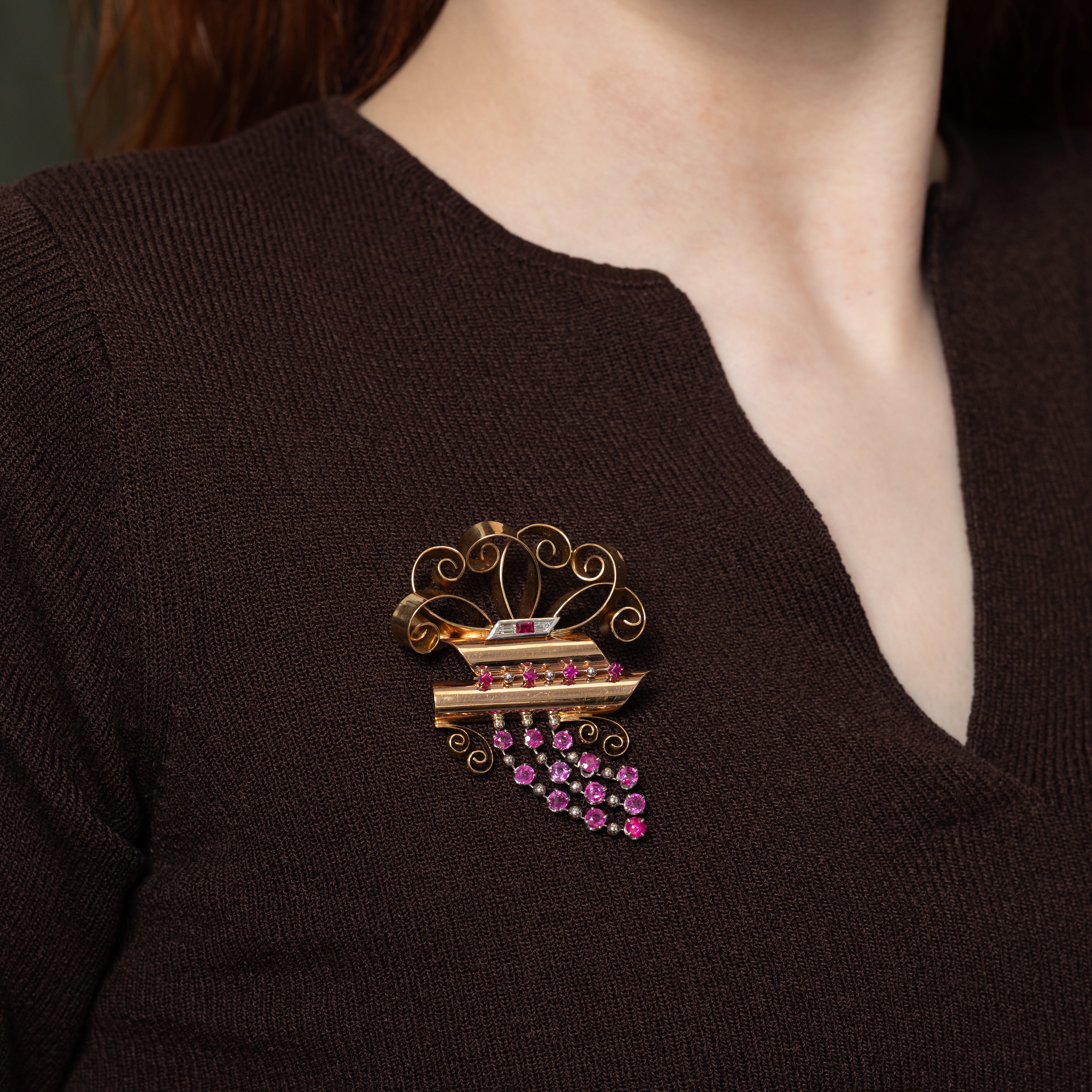 14k Retro Ruby & Diamond Scrollwork Brooch | 3.30ctw, 0.17ctw |