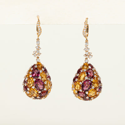 'Vanna K' Purple Garnet, Citrine & Diamond Cluster Drop Earrings | 27.80ctw, 1.10ctw |