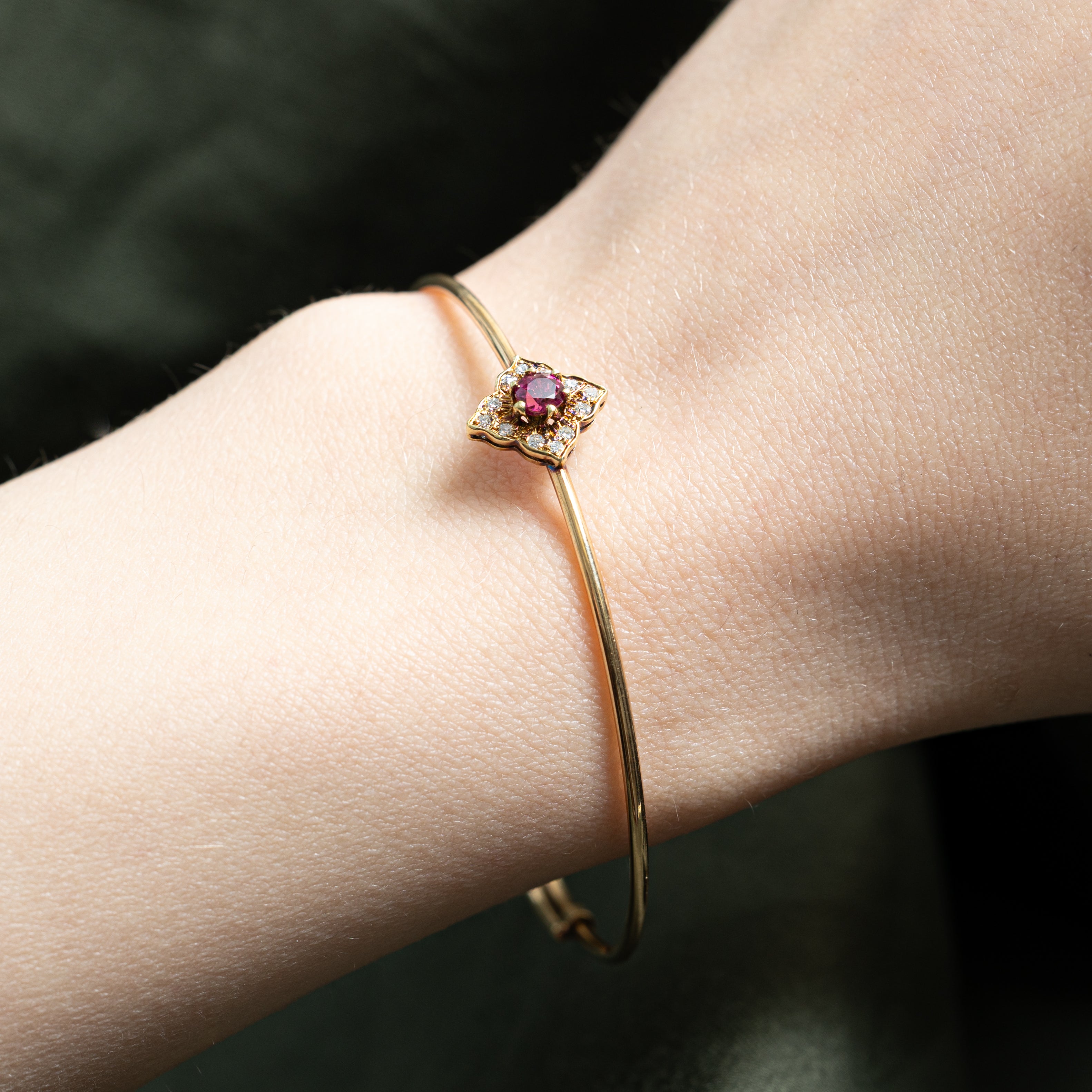 'Birks' Vintage 14k Ruby & Diamond Halo Thin Cuff Bracelet | 0.25ct, 0.06ctw