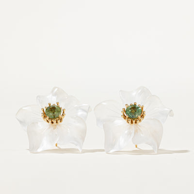 Green Sapphire & Rock Crystal Flower Stud Earrings | 1.50ctw