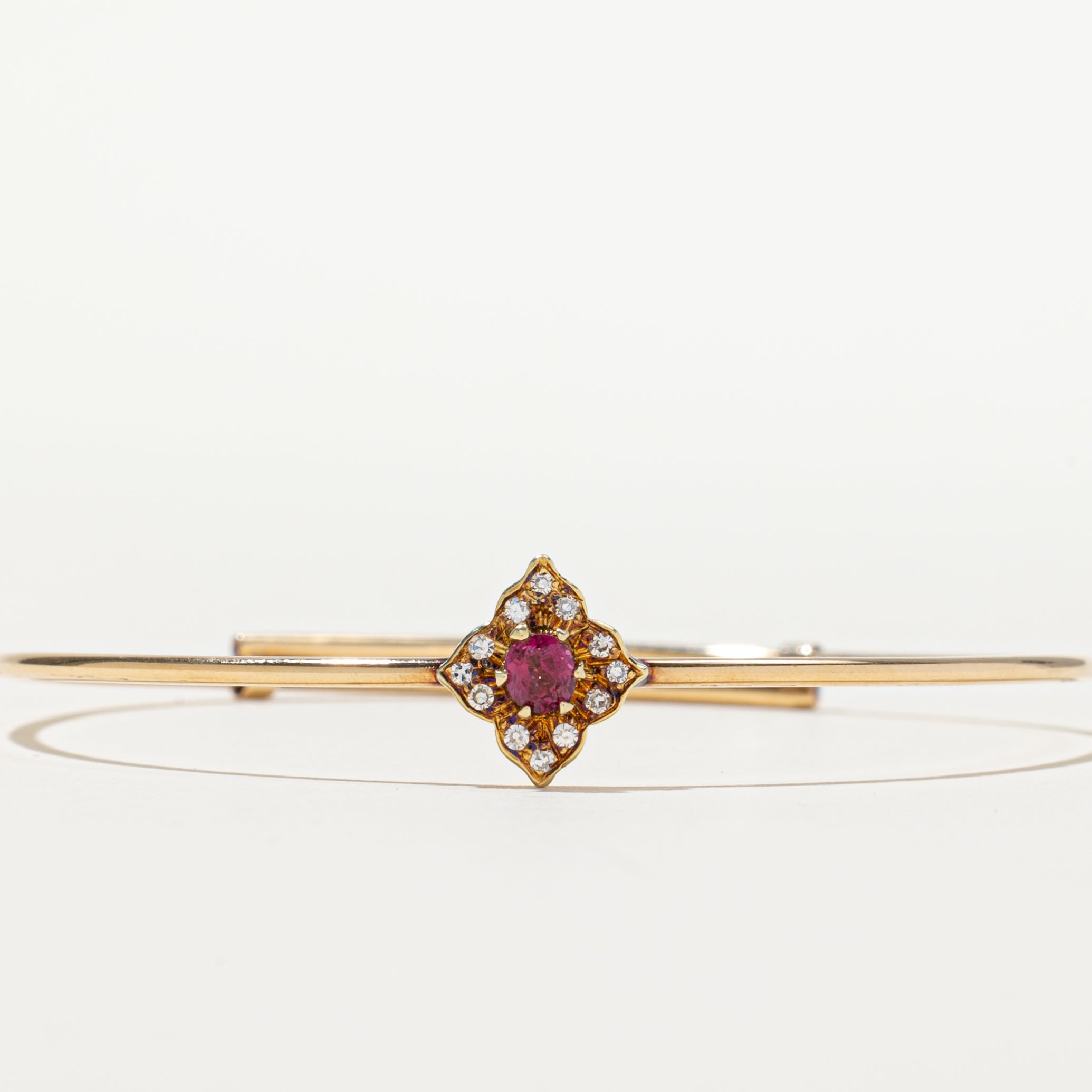 'Birks' Vintage 14k Ruby & Diamond Halo Thin Cuff Bracelet | 0.25ct, 0.06ctw