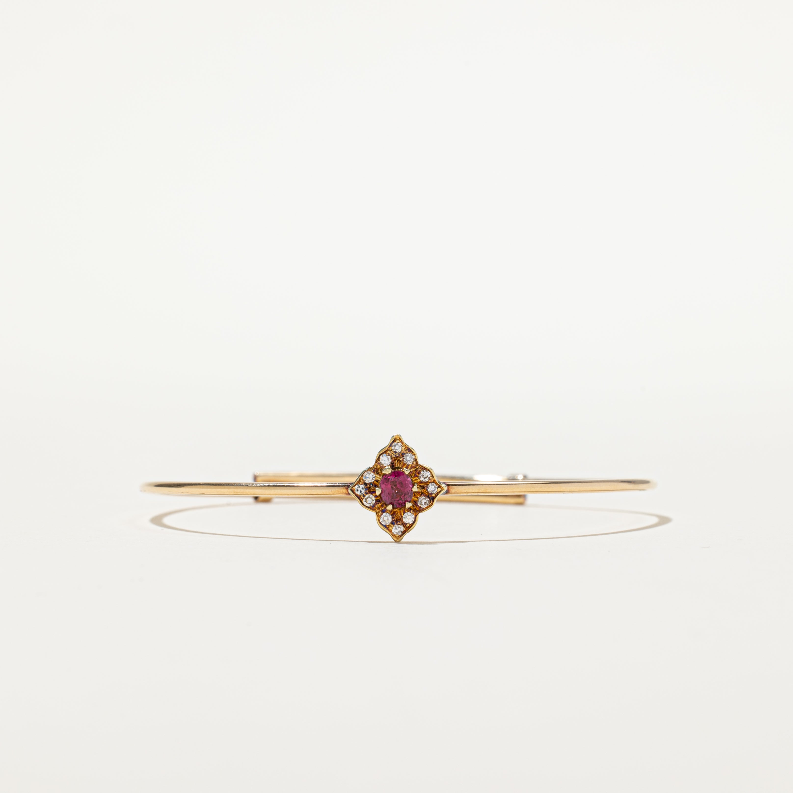 'Birks' Vintage 14k Ruby & Diamond Halo Thin Cuff Bracelet | 0.25ct, 0.06ctw