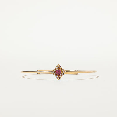 'Birks' Vintage 14k Ruby & Diamond Halo Thin Cuff Bracelet | 0.25ct, 0.06ctw