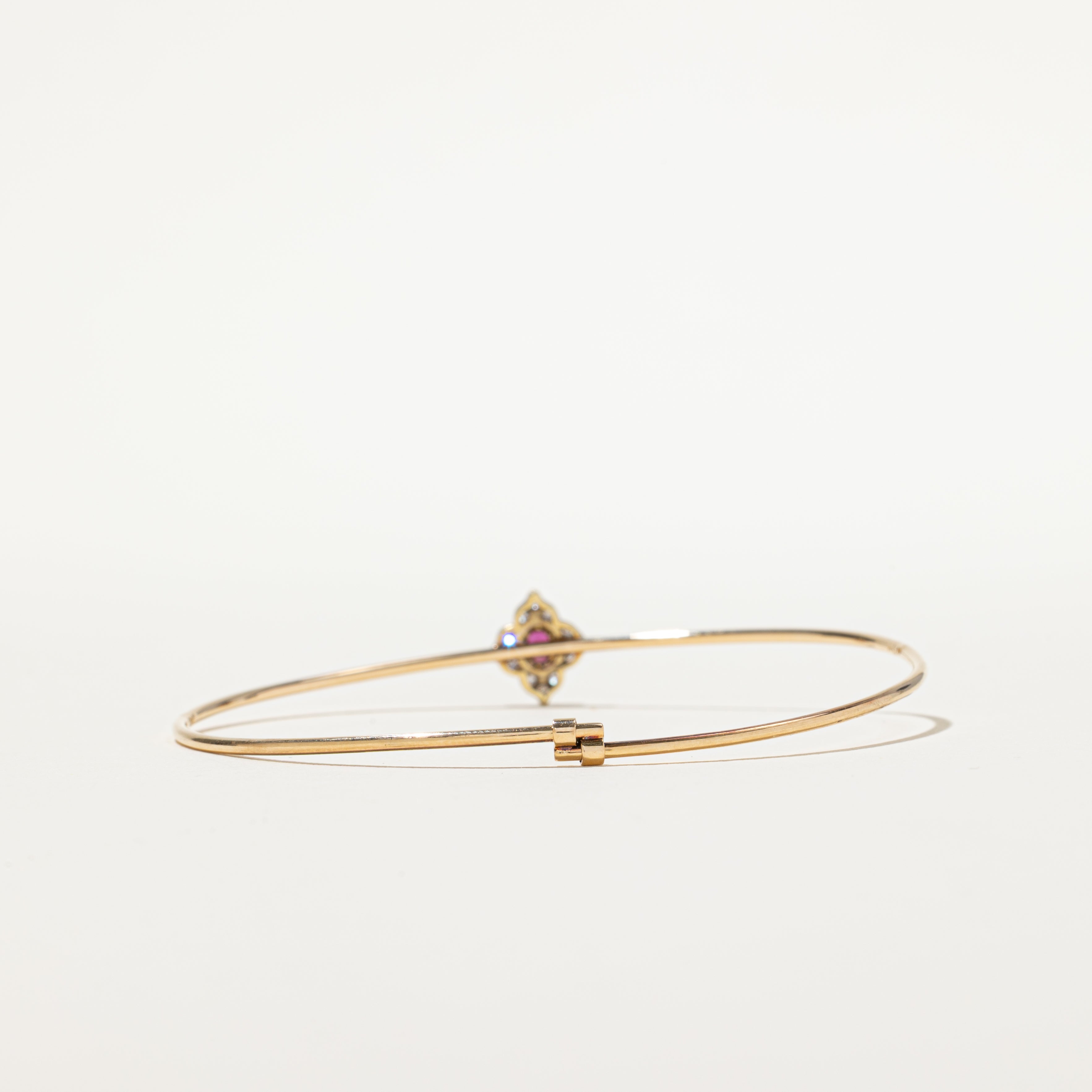 'Birks' Vintage 14k Ruby & Diamond Halo Thin Cuff Bracelet | 0.25ct, 0.06ctw