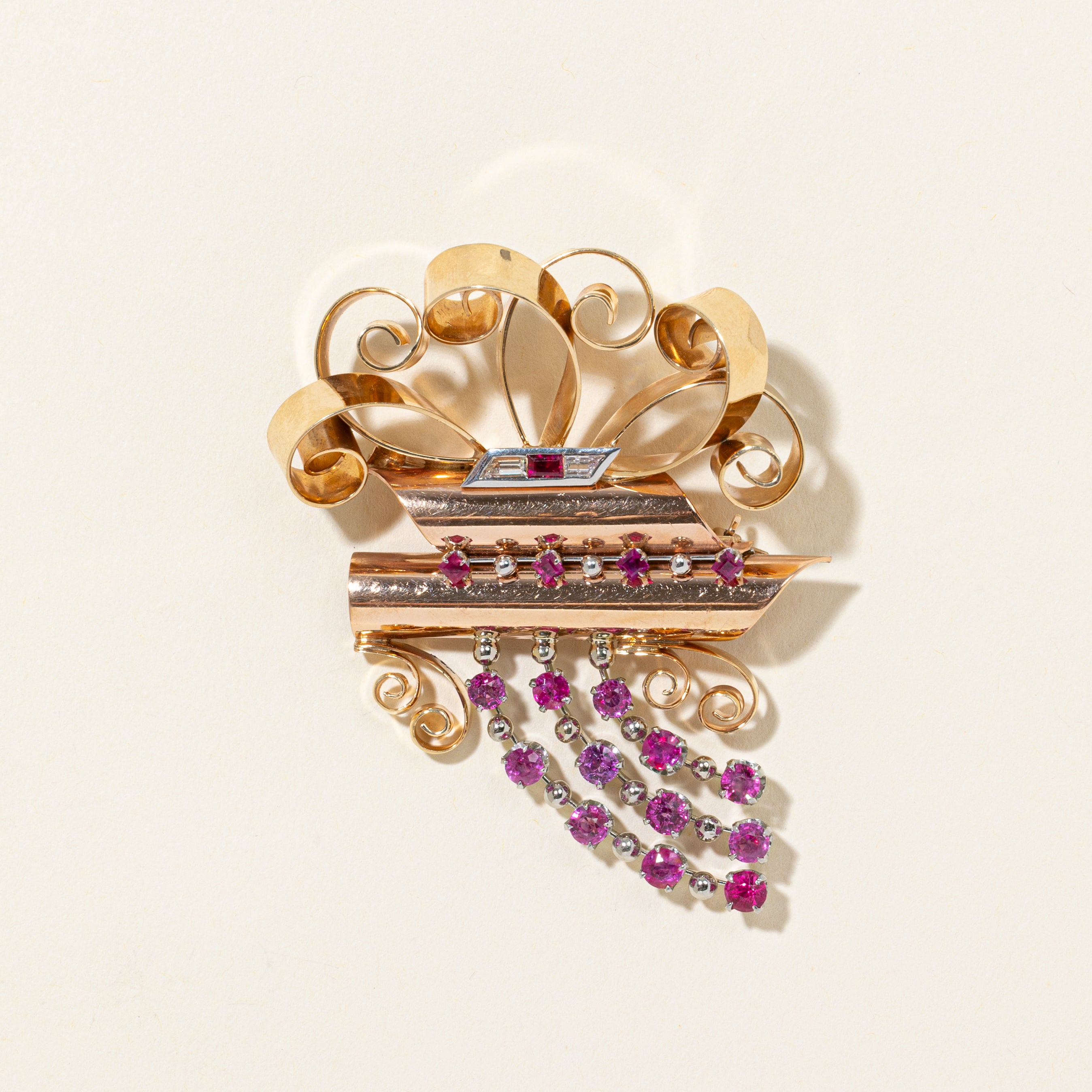 14k Retro Ruby & Diamond Scrollwork Brooch | 3.30ctw, 0.17ctw |