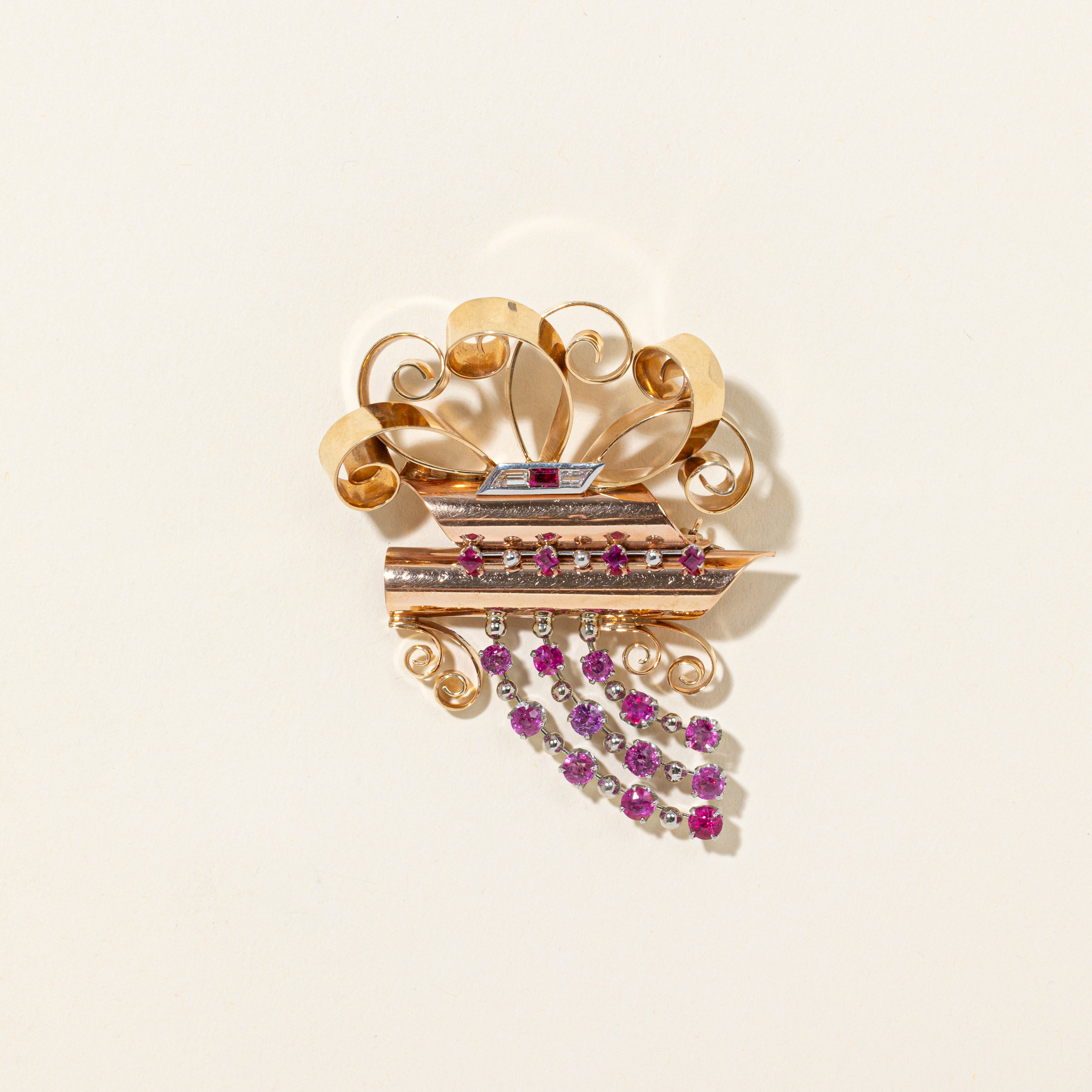 14k Retro Ruby & Diamond Scrollwork Brooch | 3.30ctw, 0.17ctw |