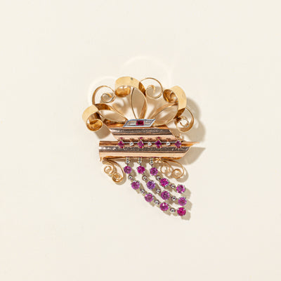 14k Retro Ruby & Diamond Scrollwork Brooch | 3.30ctw, 0.17ctw |