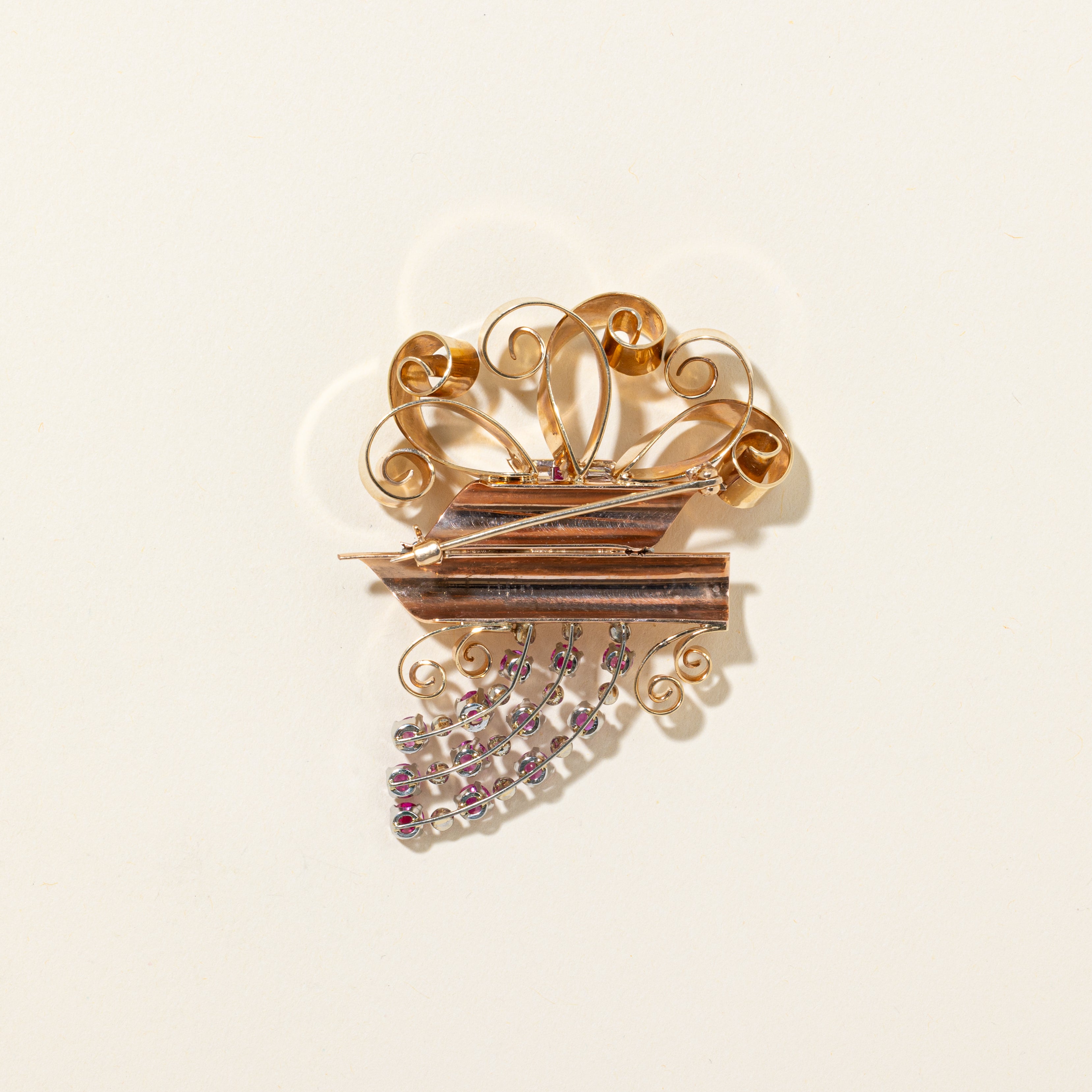 14k Retro Ruby & Diamond Scrollwork Brooch | 3.30ctw, 0.17ctw |