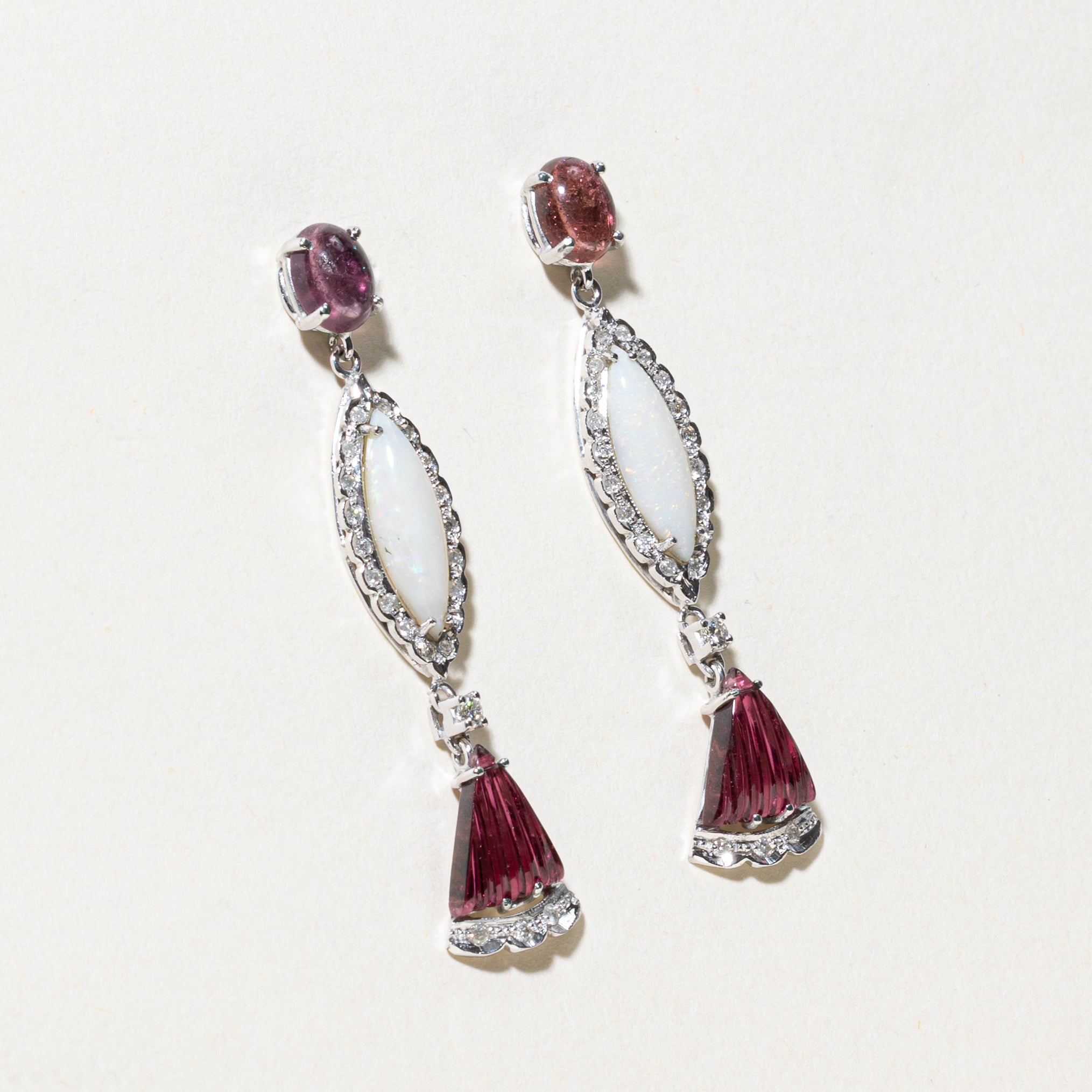 Pink Tourmaline, Opal & Diamond Drop Earrings & Pendant Set | 3.90ctw, 8.40ctw | 0.35ctw |