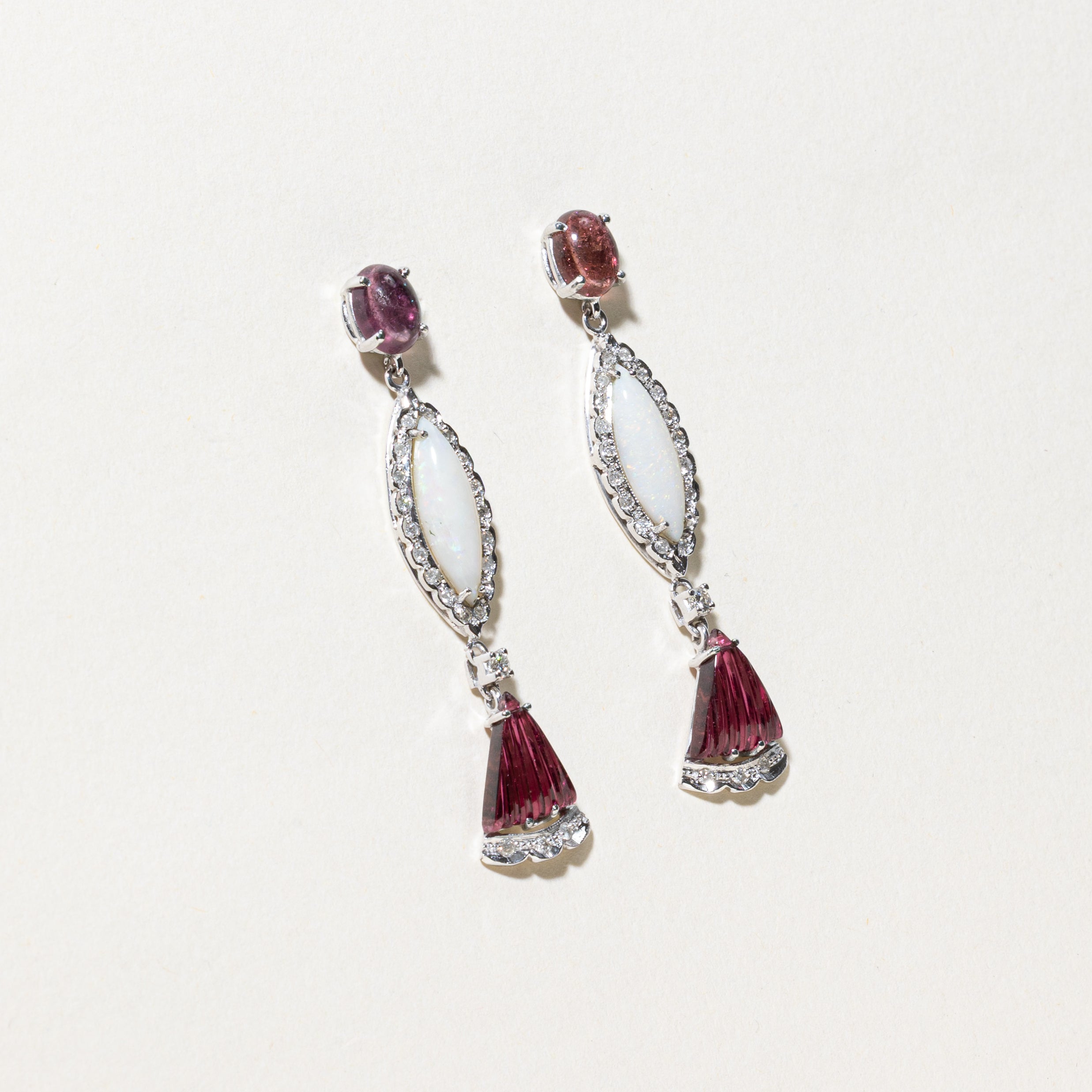 Pink Tourmaline, Opal & Diamond Drop Earrings & Pendant Set | 3.90ctw, 8.40ctw | 0.35ctw |