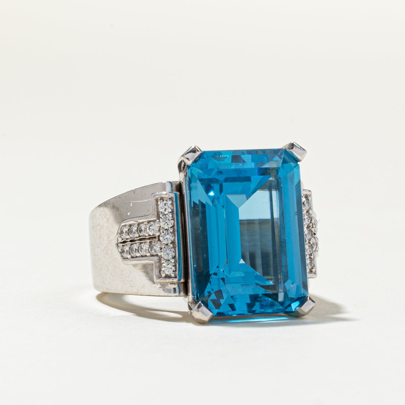 14K Emerald Cut Blue Topaz & Diamond Cocktail Ring | 21.86ct, 0.39ctw | SZ 9