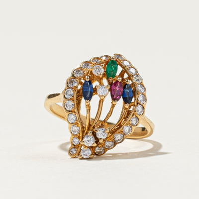 18K Multi Gemstone & Diamond Cocktail Ring | 0.34ctw, 0.66ctw | SZ 6.5