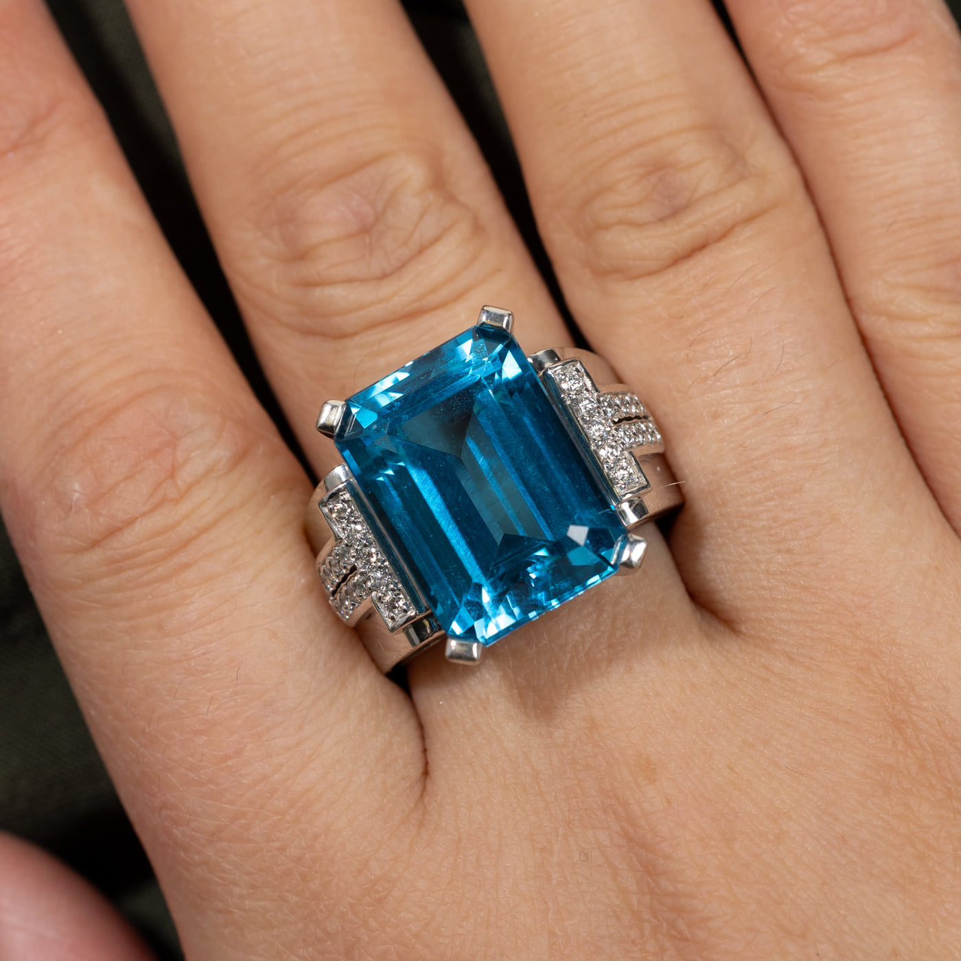 14K Emerald Cut Blue Topaz & Diamond Cocktail Ring | 21.86ct, 0.39ctw | SZ 9