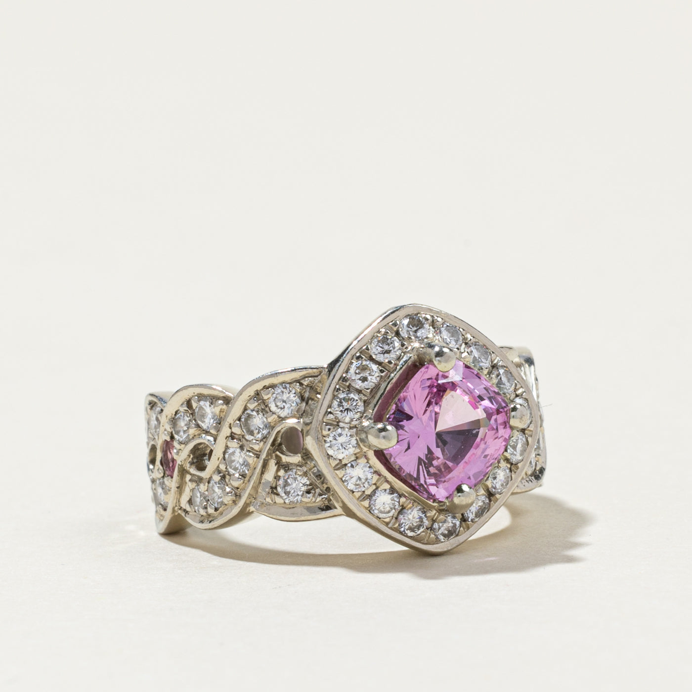 Pink Sapphire & Diamond Halo Crossover Design Ring | 2.00ctw, 0.90ctw | SZ 5.75