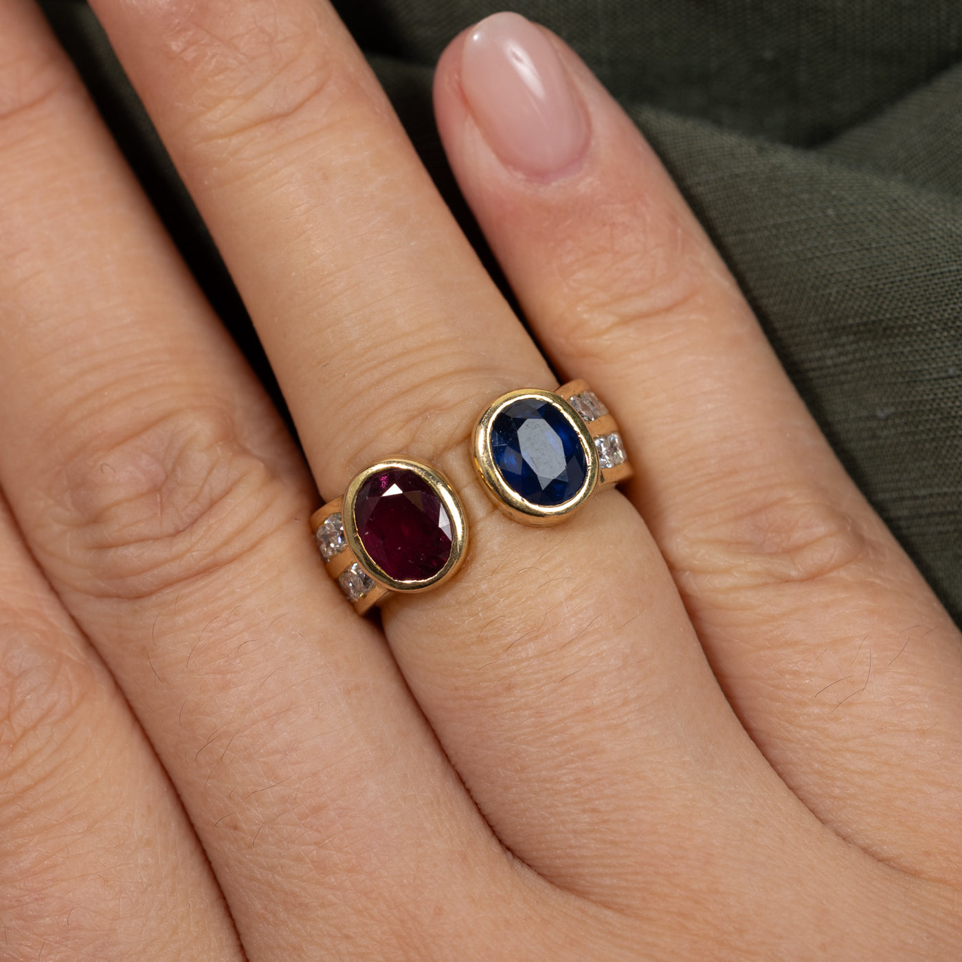 Toi et Moi Ruby, Sapphire & Diamond Open Ring | 1.16ct, 1.31ct, 0.84ctw | SZ 5