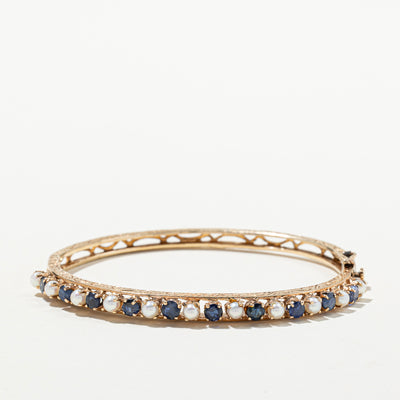 Vintage Blue Sapphire & Pearl Bangle Bracelet | 1.94ctw, 3.00-3.50mm |