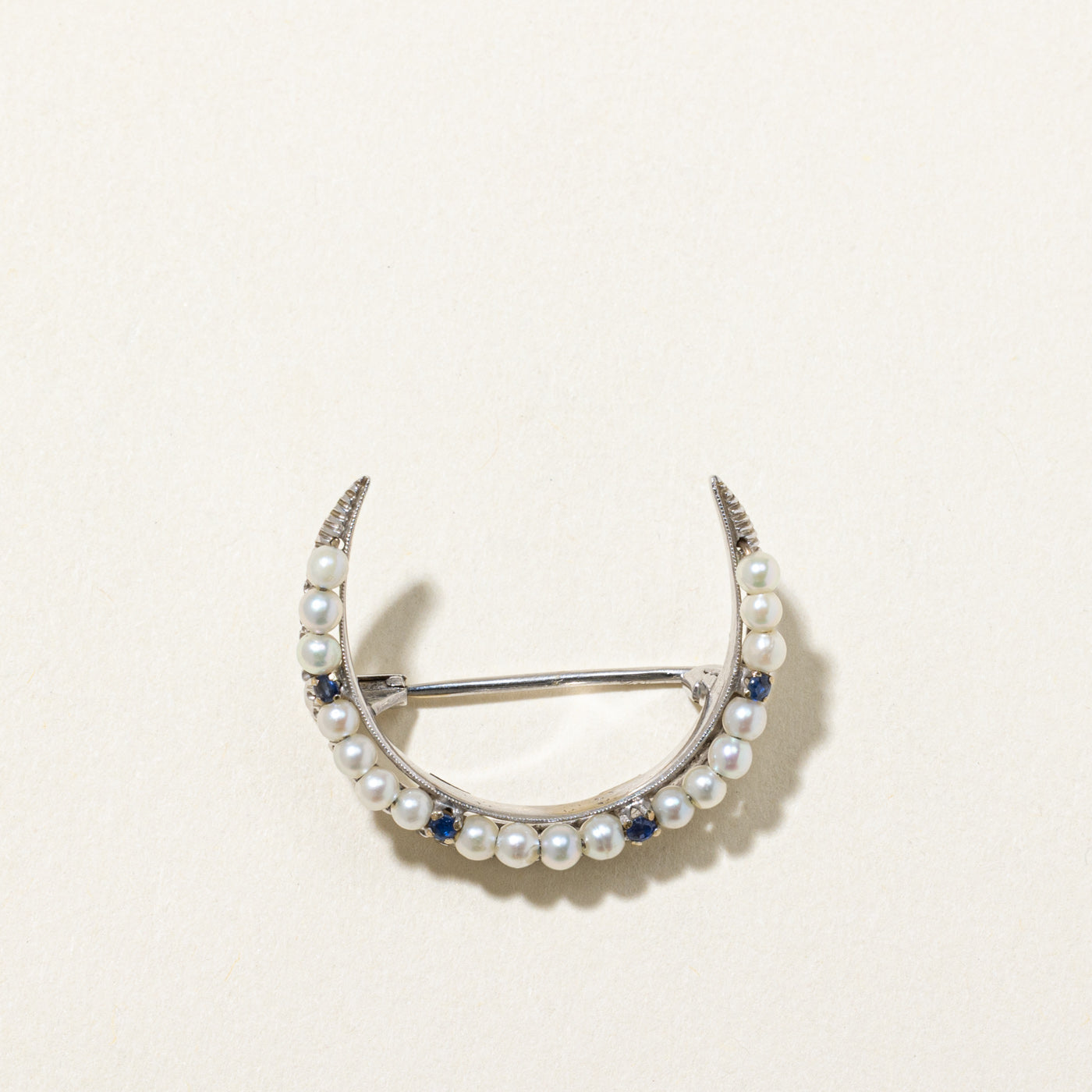 Antique Sapphire & Pearl Crescent Brooch | 0.10ctw