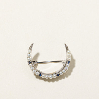 Antique Sapphire & Pearl Crescent Brooch | 0.10ctw